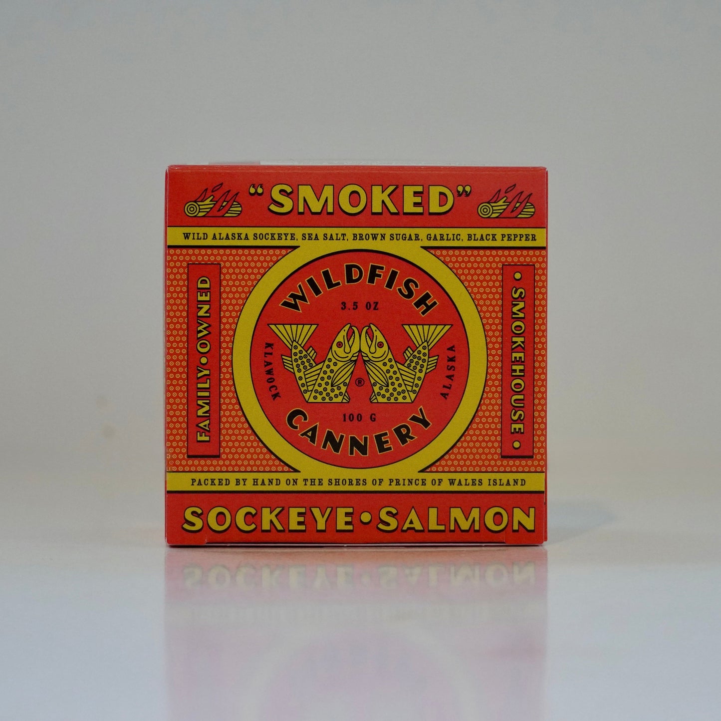 Vintage-style packaging for smoked sockeye salmon on a white background