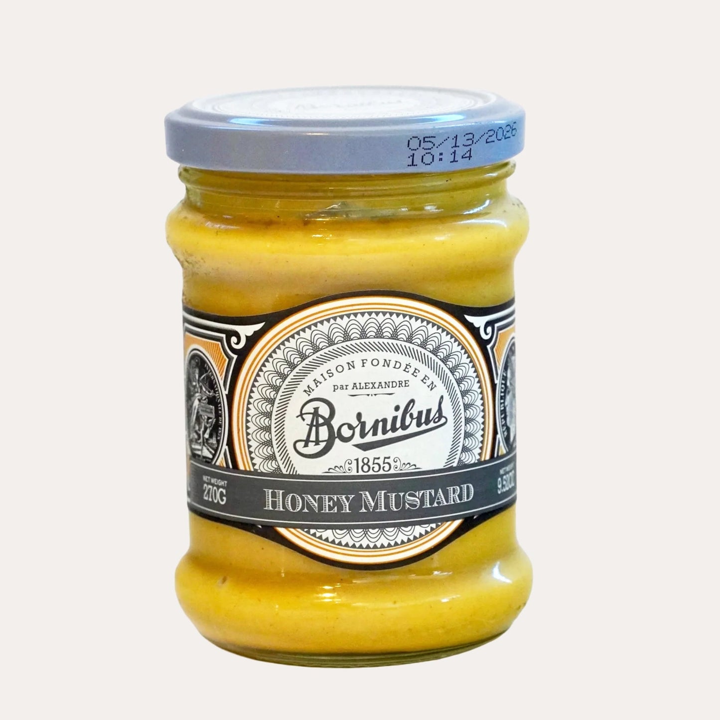 Jar of Bornibus honey mustard on a white background