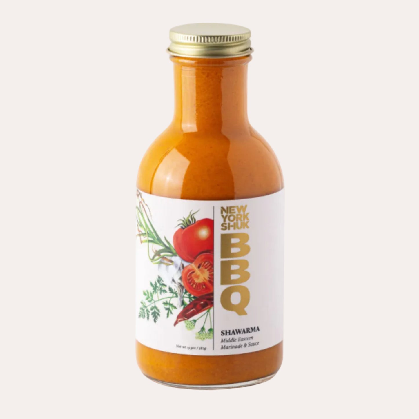 Bottle of New York Shuk BBQ sauce on a white background