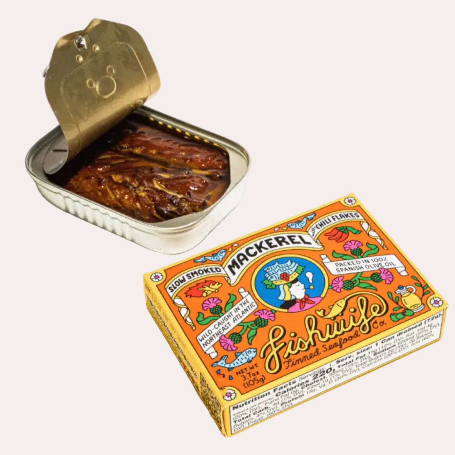 Open can of mackerel with its colorful packaging on a white background