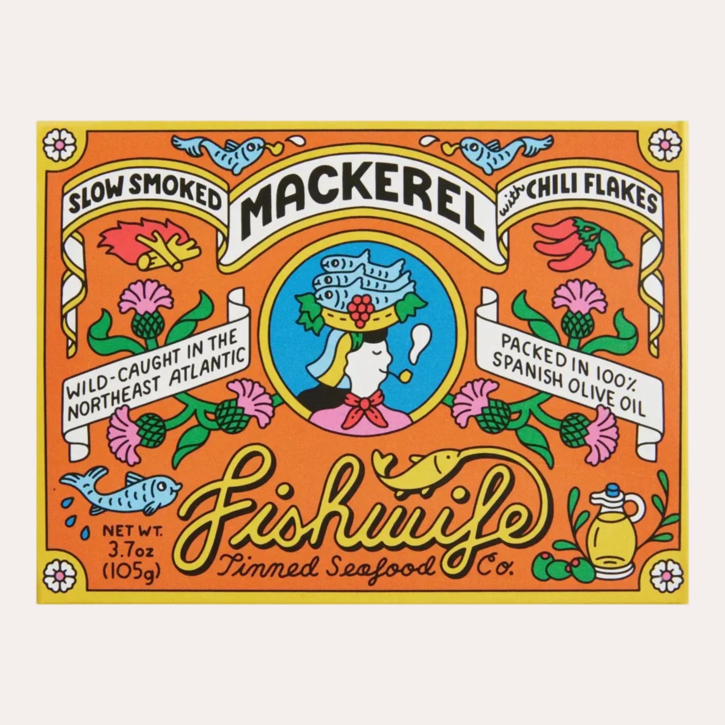 Colorful label for Fishwife mackerel chili flakes on an orange background