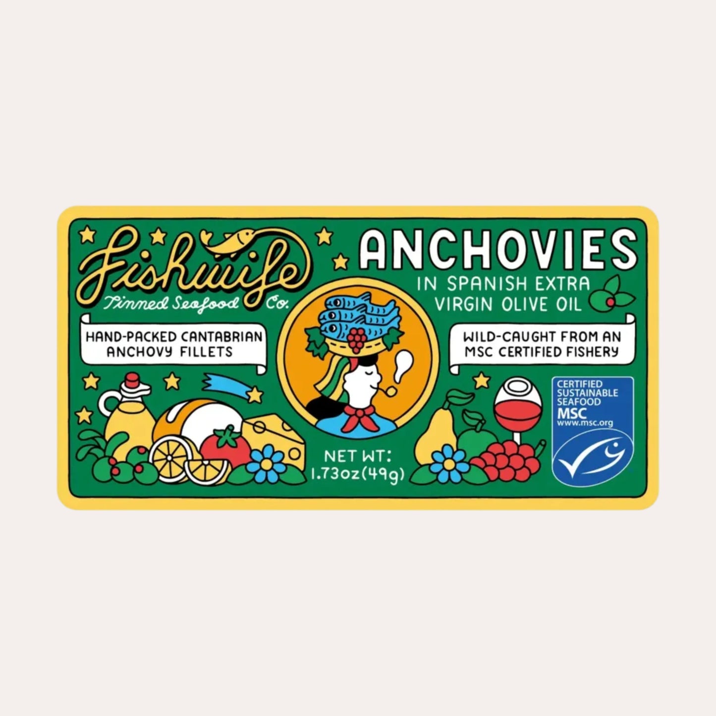 Fishwife Anchovies label with colorful design and text on a green background