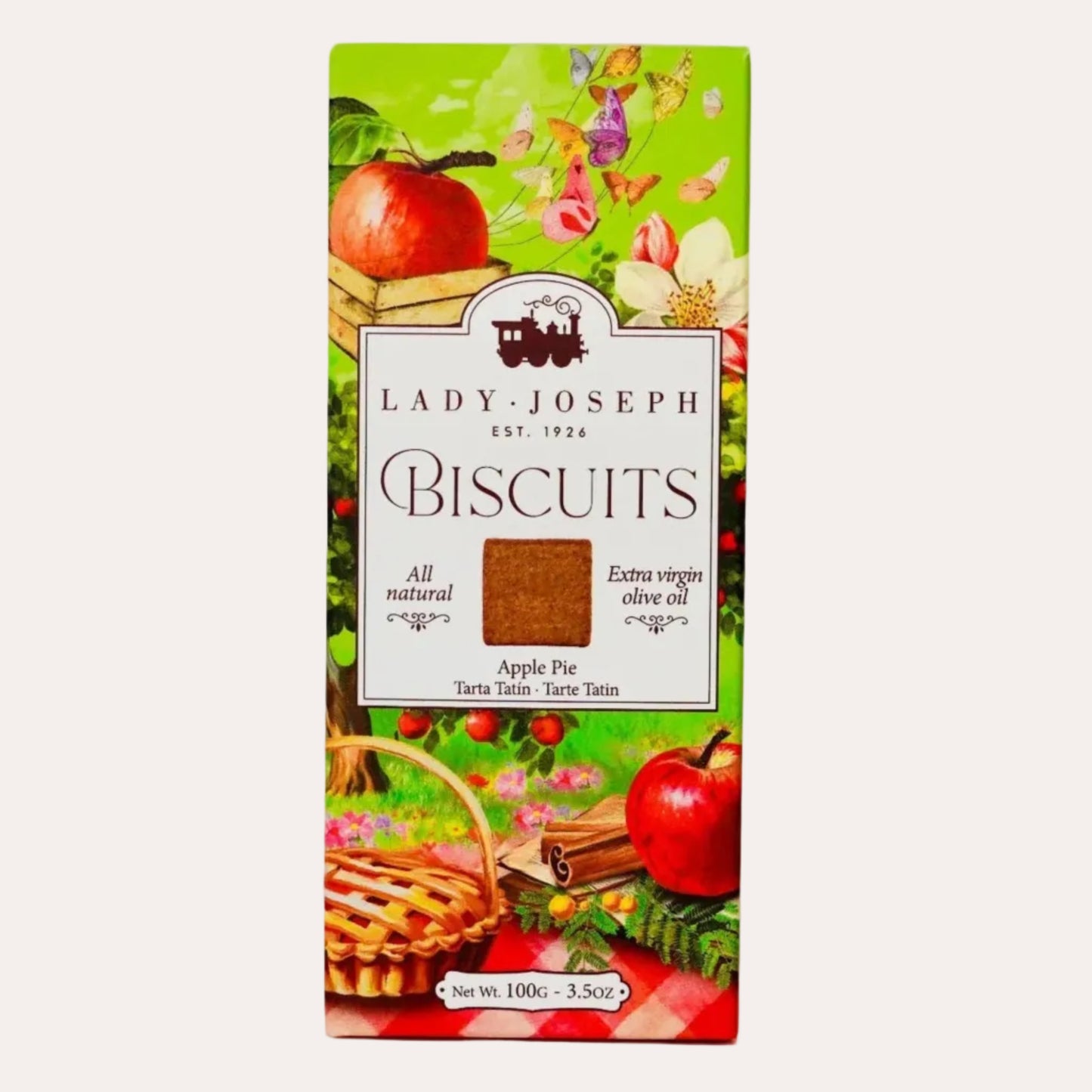 Box of Lady Joseph Biscuits with apple pie flavor on a white background