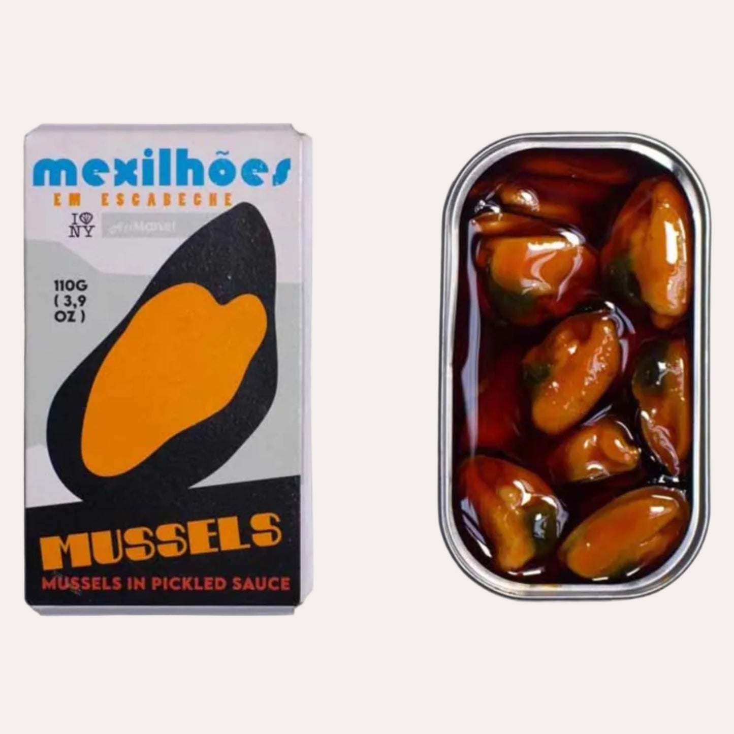 Mussels in pickled sauce with packaging on a white background