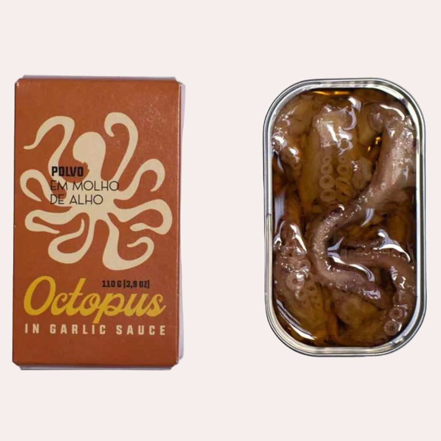 Can of octopus in garlic sauce with packaging on a white background