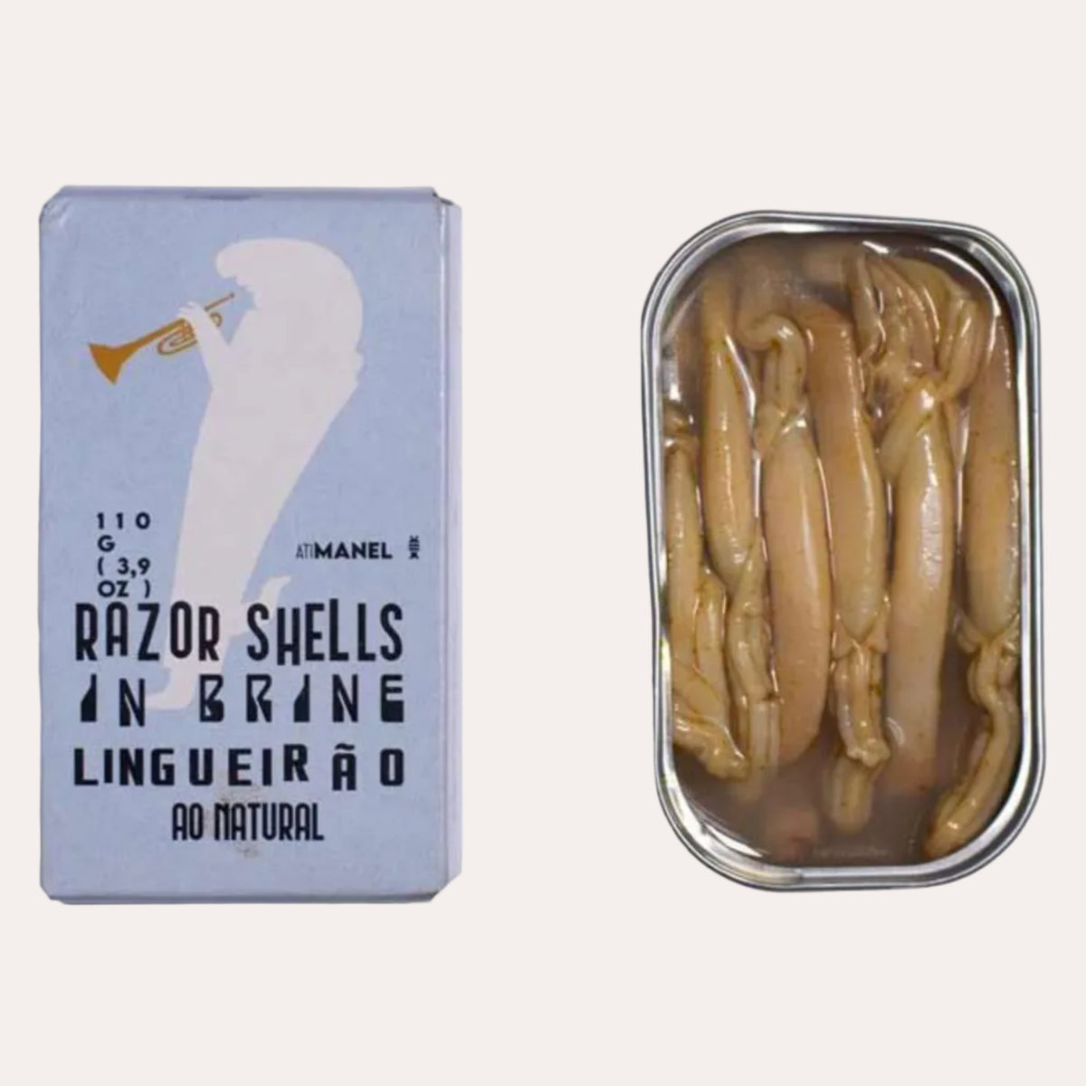 A tin of razor shells in brine, shown with its illustrated blue-gray lid beside the open metal tin containing the preserved razor shells in liquid, on a white background.