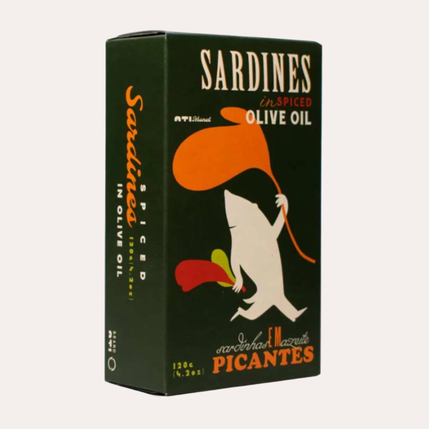 Sardines in Spiced Olive Oil packaging with colorful illustration on a white background