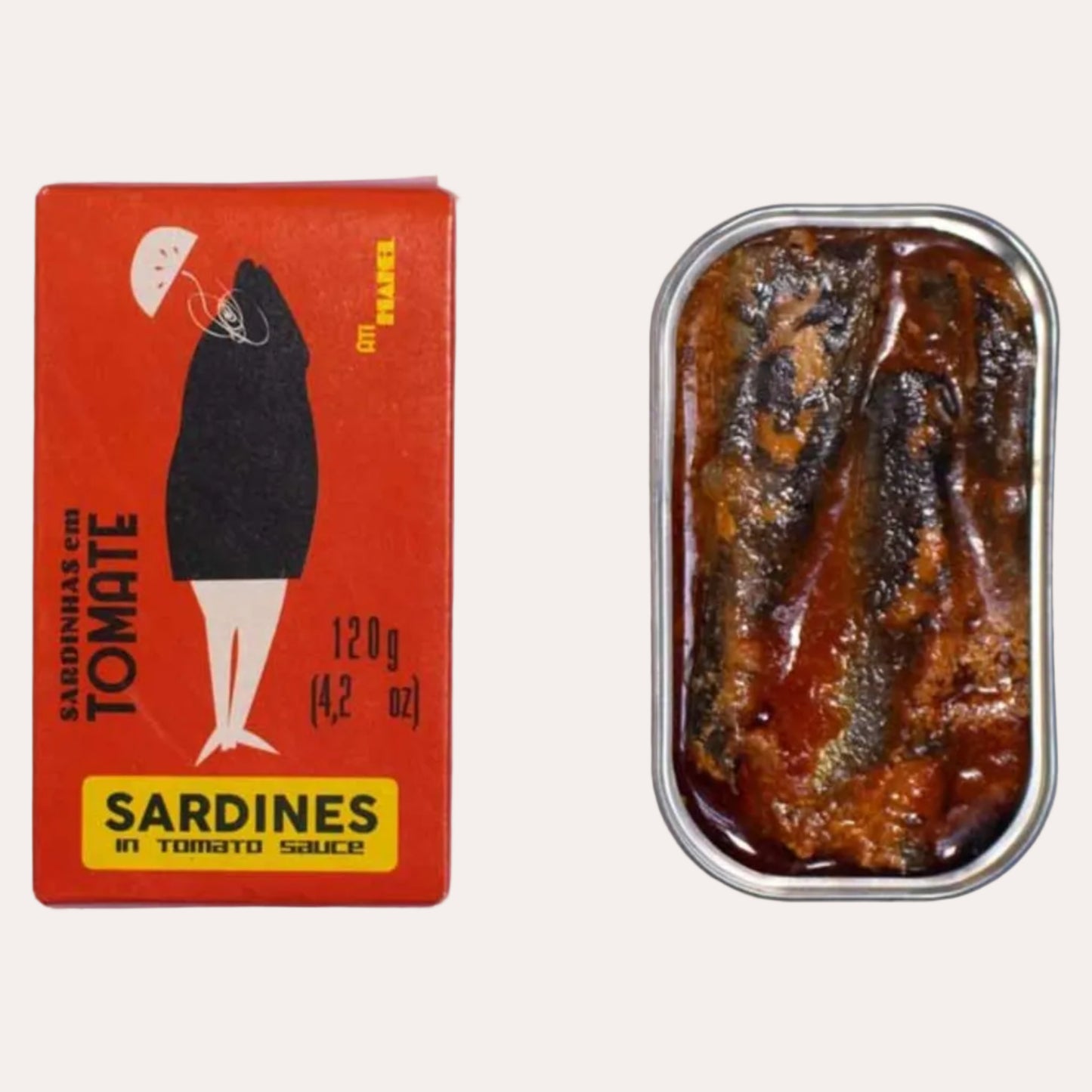Sardine can with tomato sauce next to its red packaging on a white background