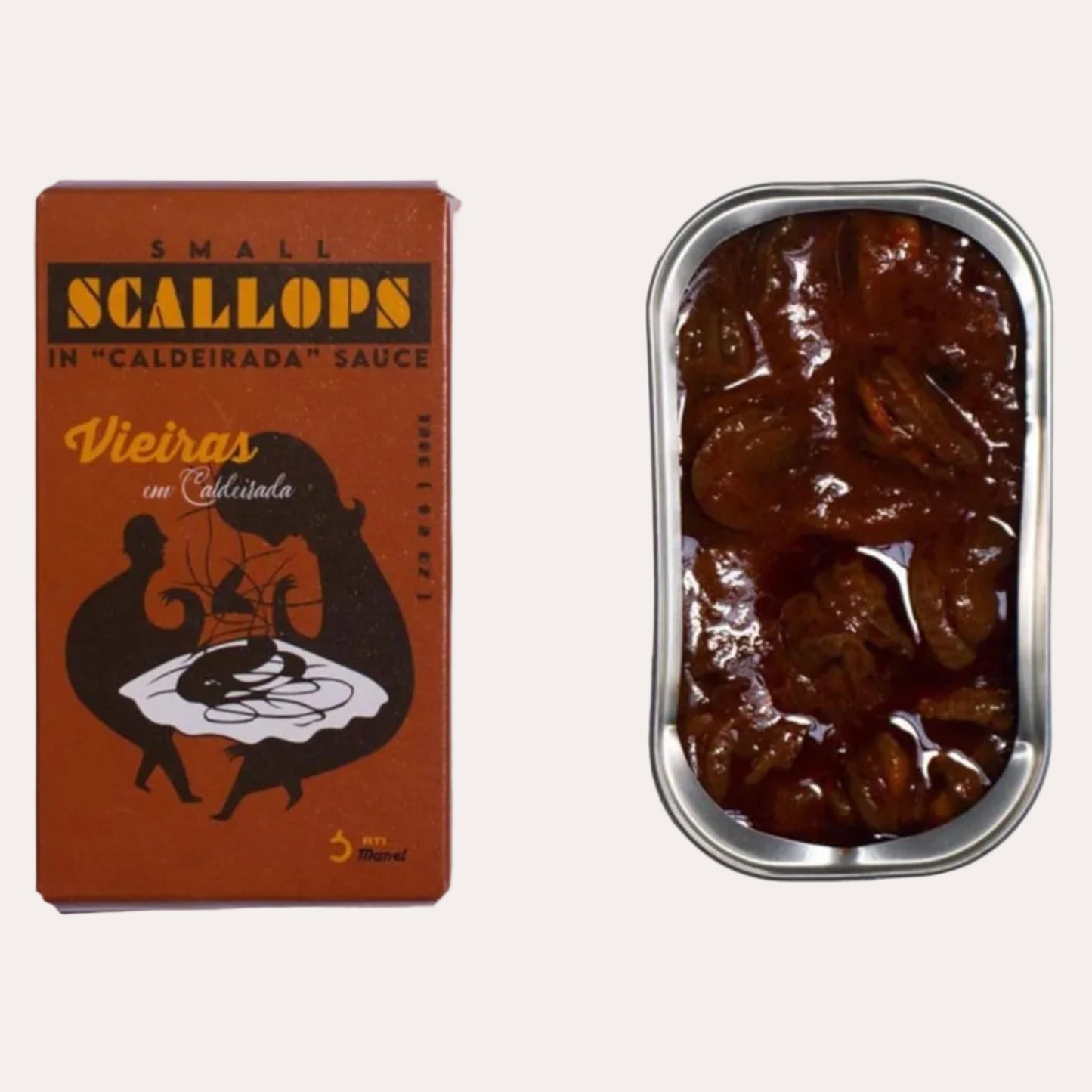 Packaged scallops in a can with a brown label on a white background