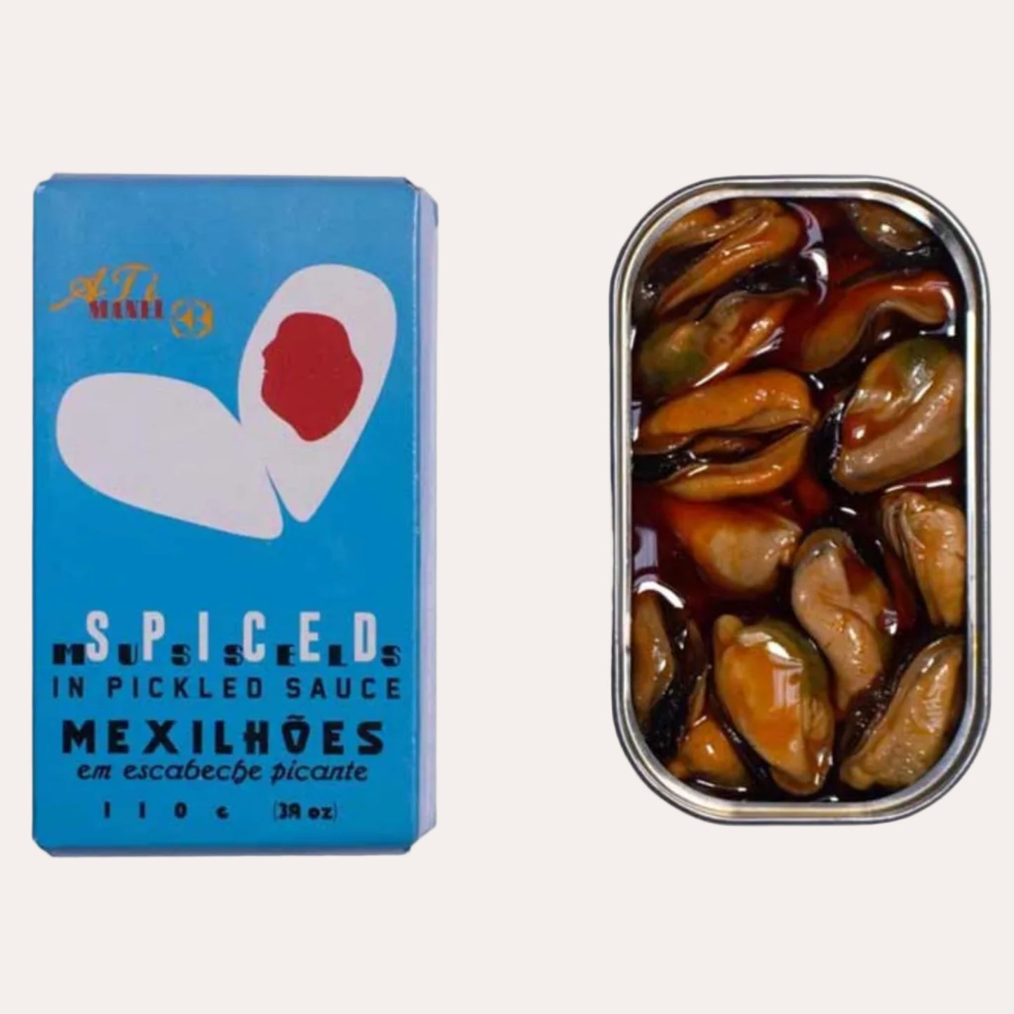 Spiced mussels in pickled sauce packaging with blue label and tin of mussels.