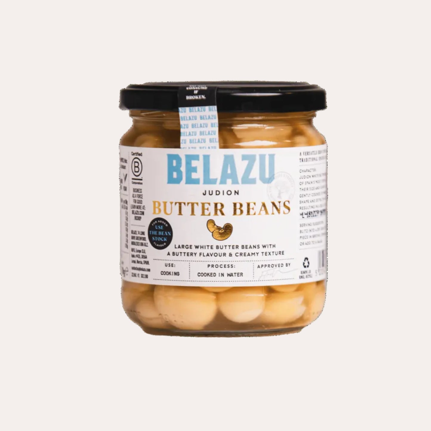 Jar of Belazu butter beans on a white background