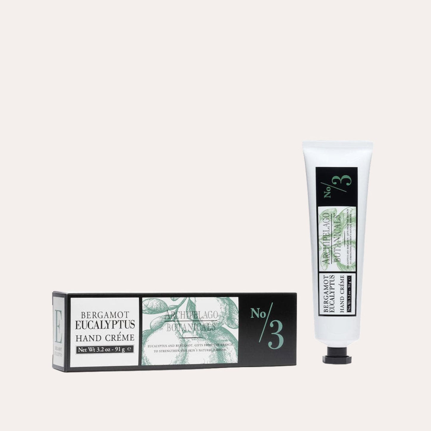 Hand cream tube and packaging with 'Bergamot Eucalyptus' label on a white background