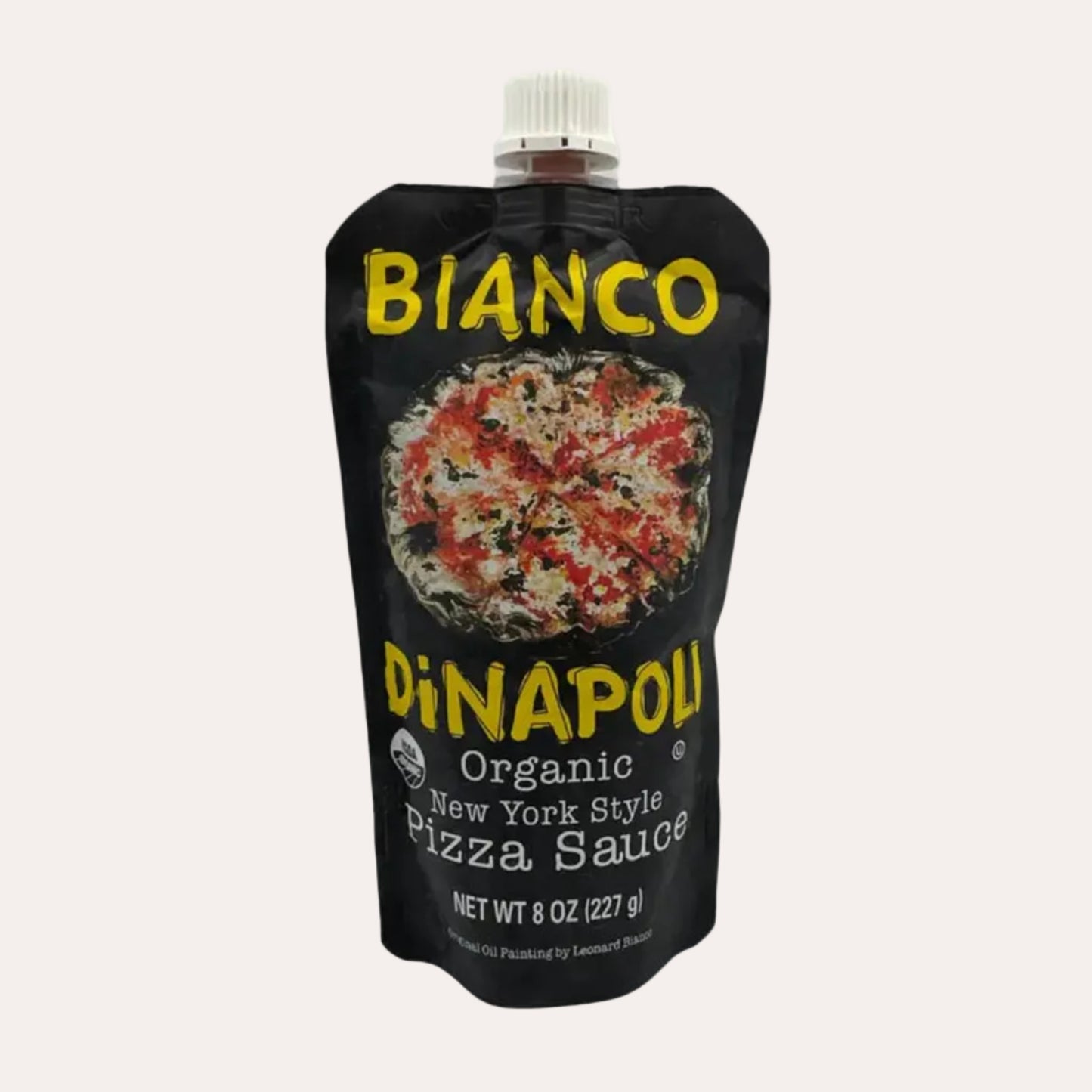 Dinapoli Bianco pizza sauce packaging on a white background