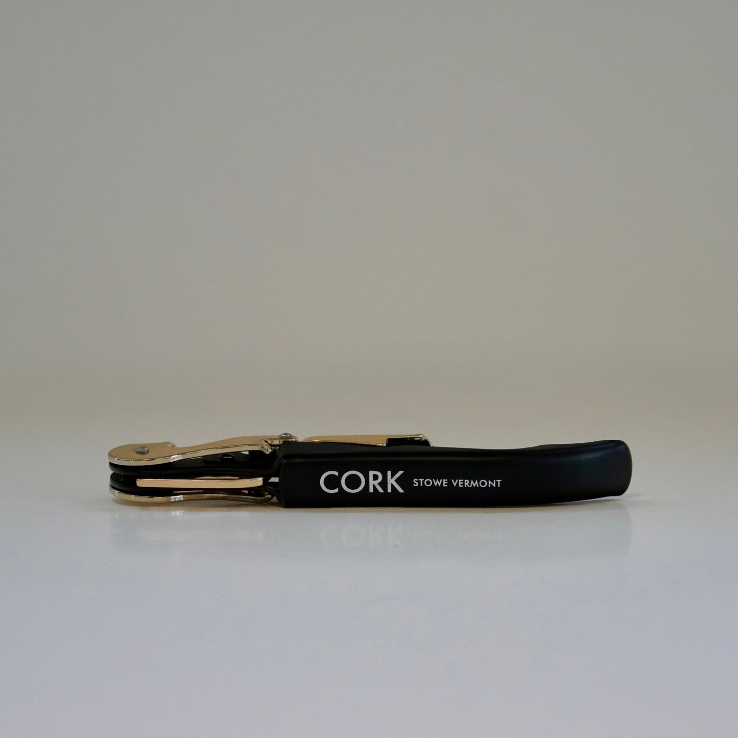 Black keychain with gold clasp on a white background