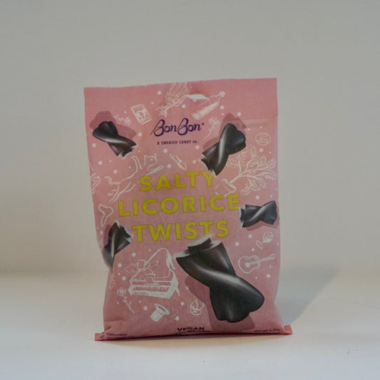 Pink package of Salty Licorice Twists on a white background