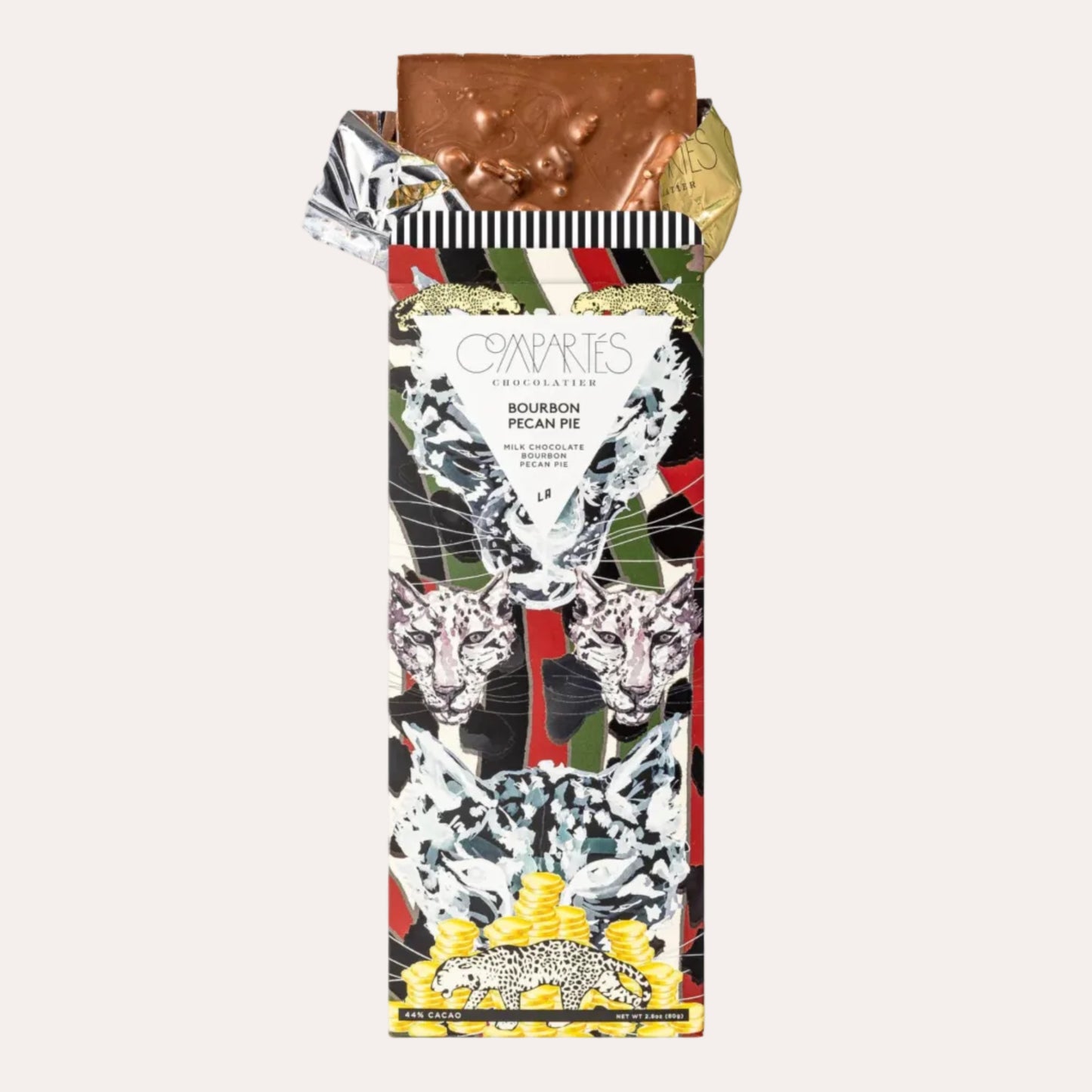 Chocolate bar with decorative packaging on a white background