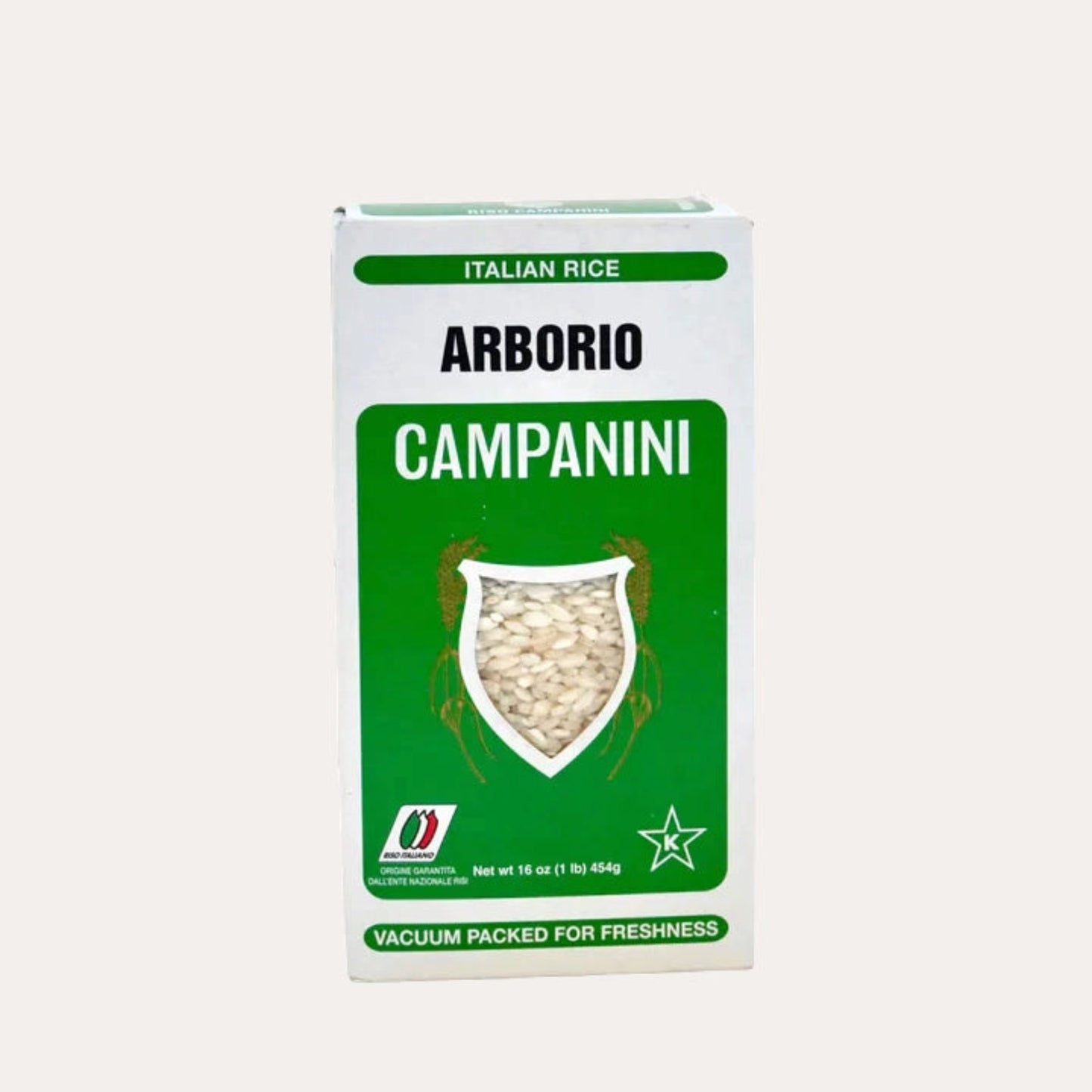 Box of Campanini Arborio Italian rice on a white background