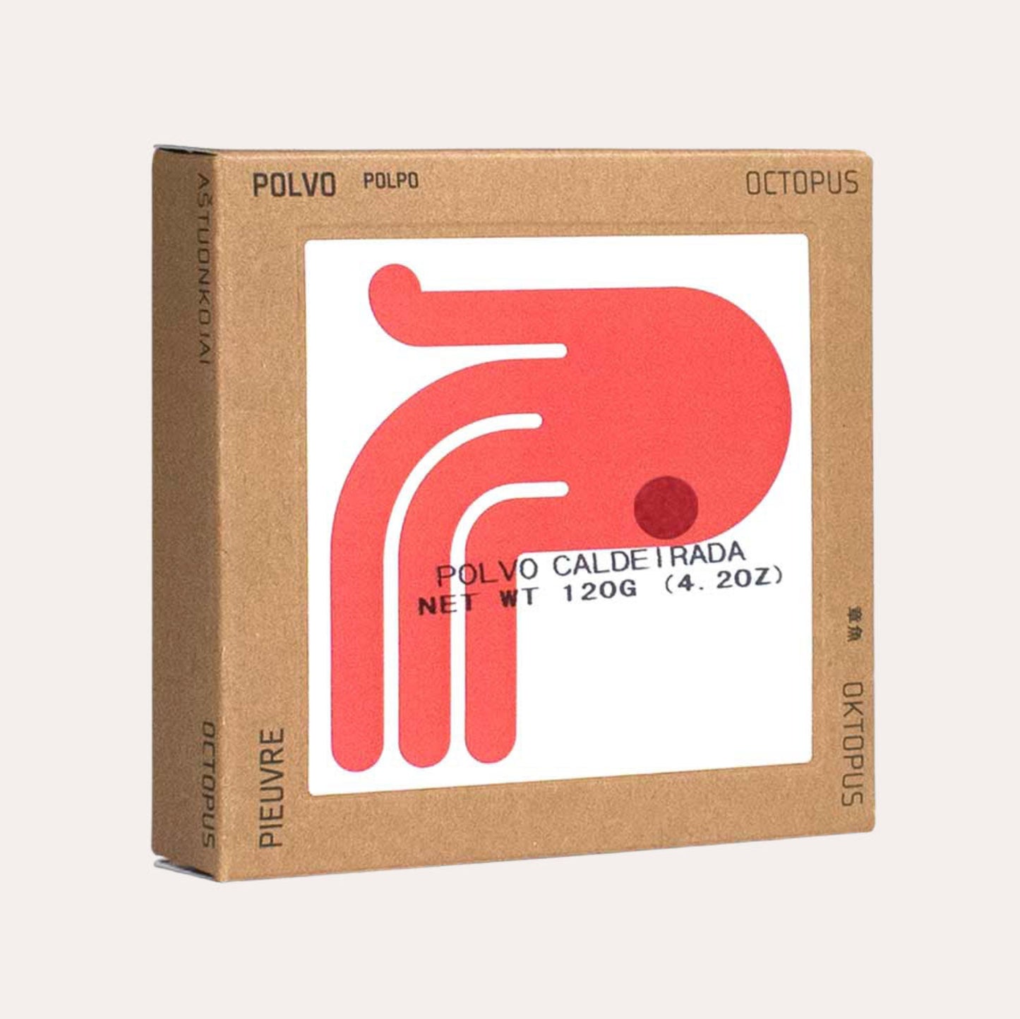 Cardboard packaging with a red octopus design and text on a beige background