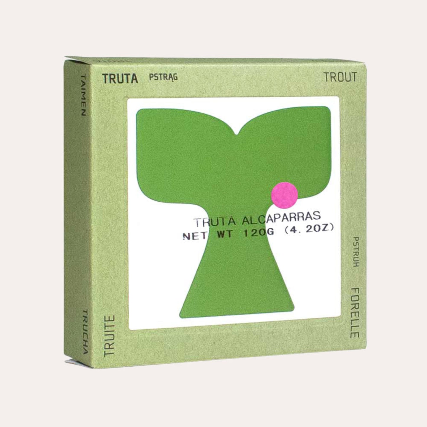 Green packaging box with a white center featuring a green leaf design and text.
Tinned fish