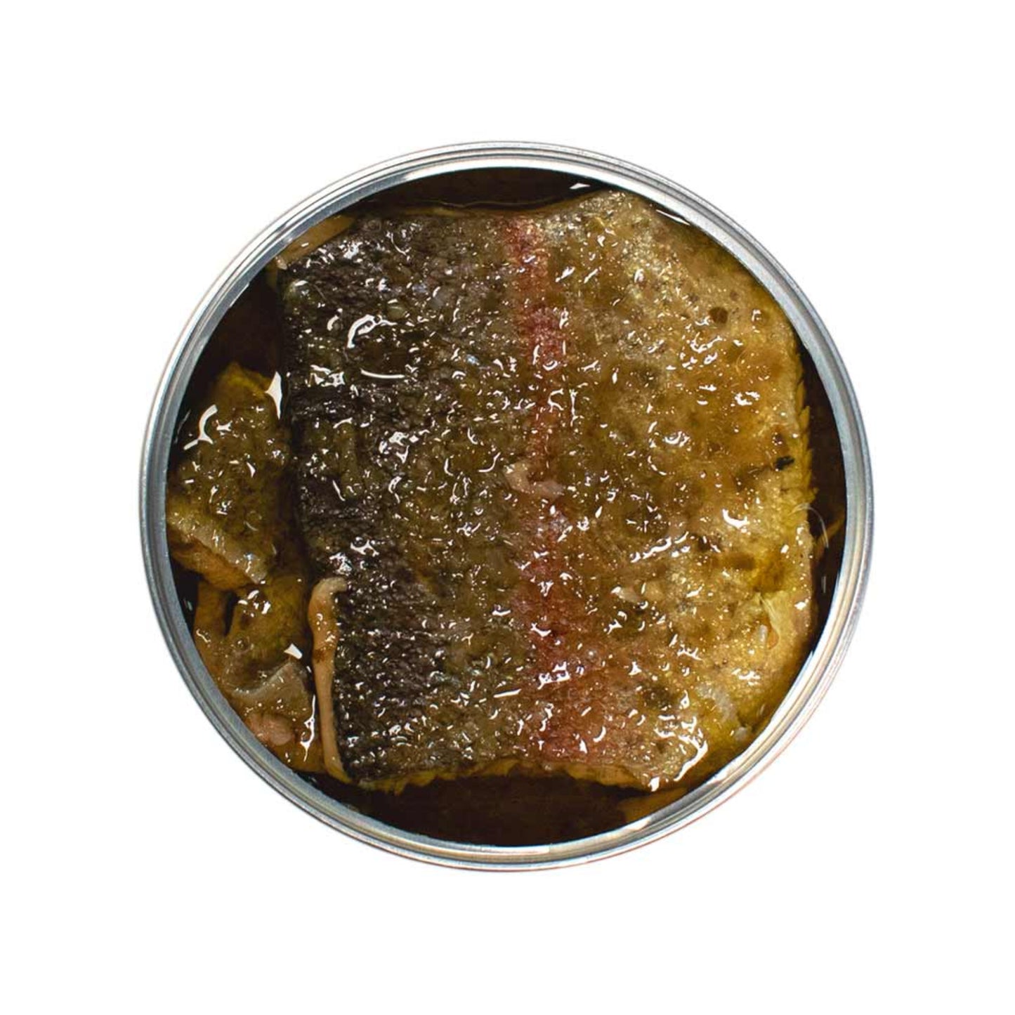 Canned fish with a metallic lid on a white background
