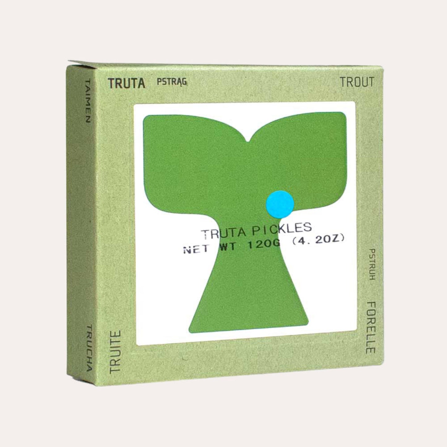 Green box with a green leaf design and blue dot, featuring the brand 'Truta'.
Tinned fish at Cork Market in Stowe, VT