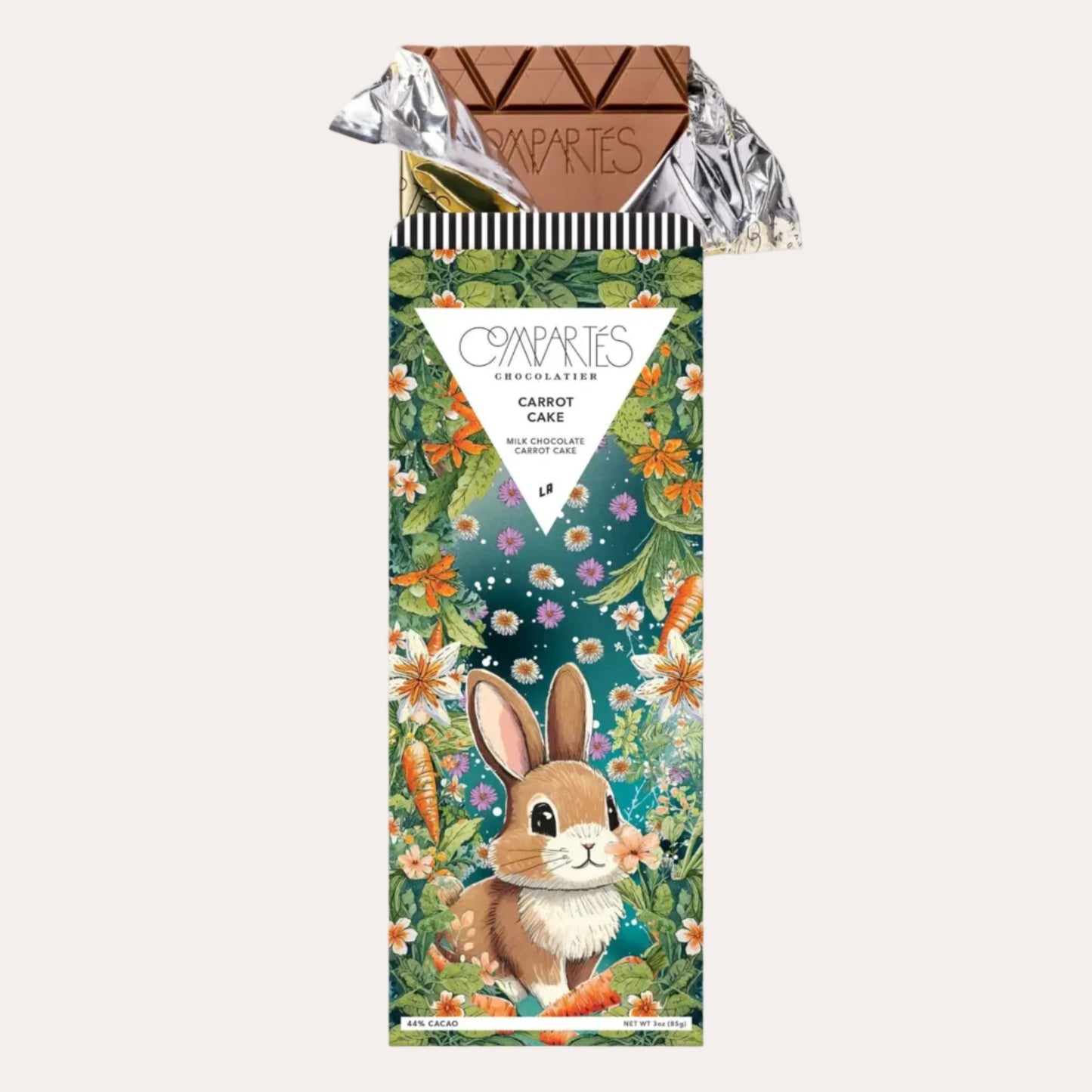 Chocolate bar packaging with a rabbit illustration on a white background