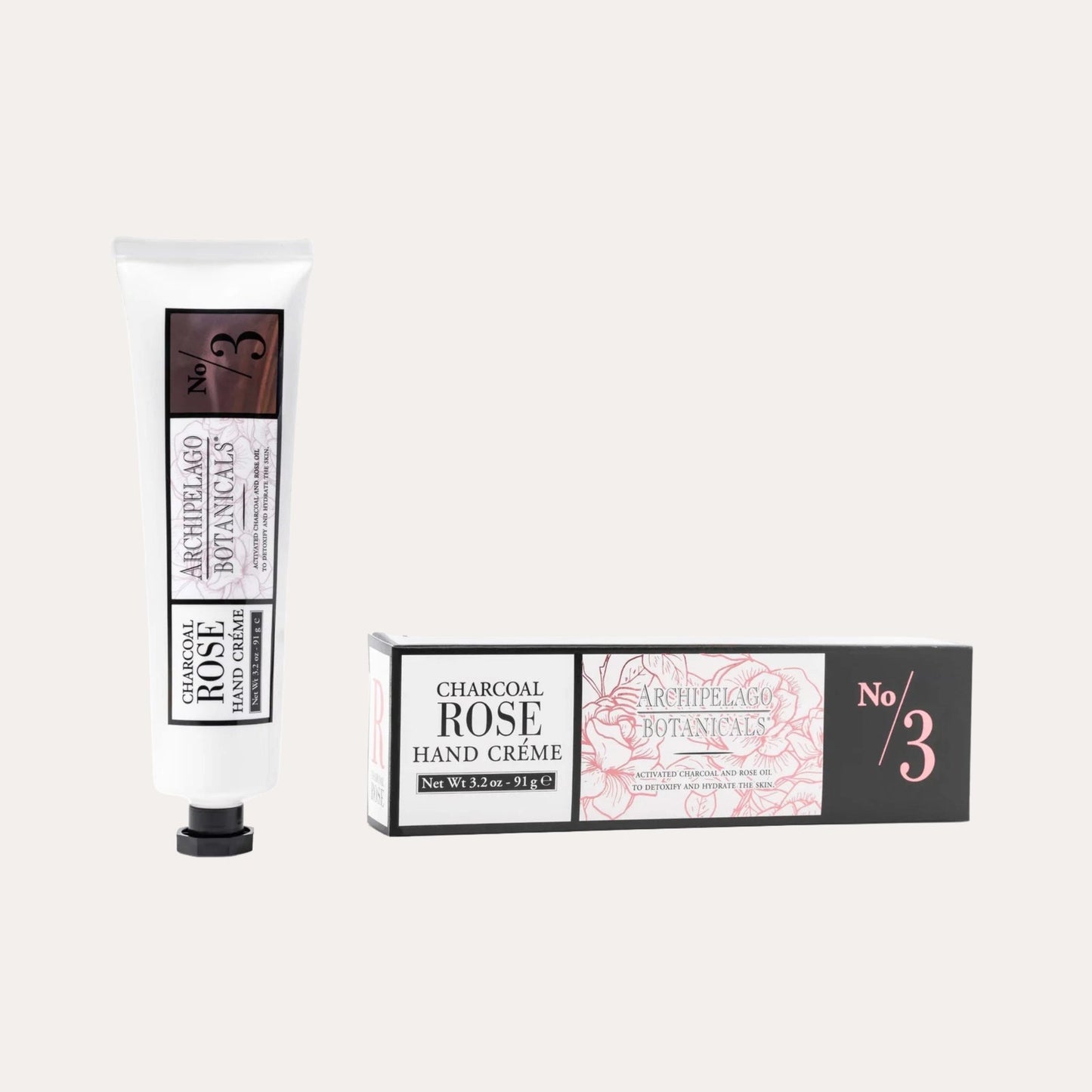 Charcoal Rose Hand Crème with packaging on a white background
