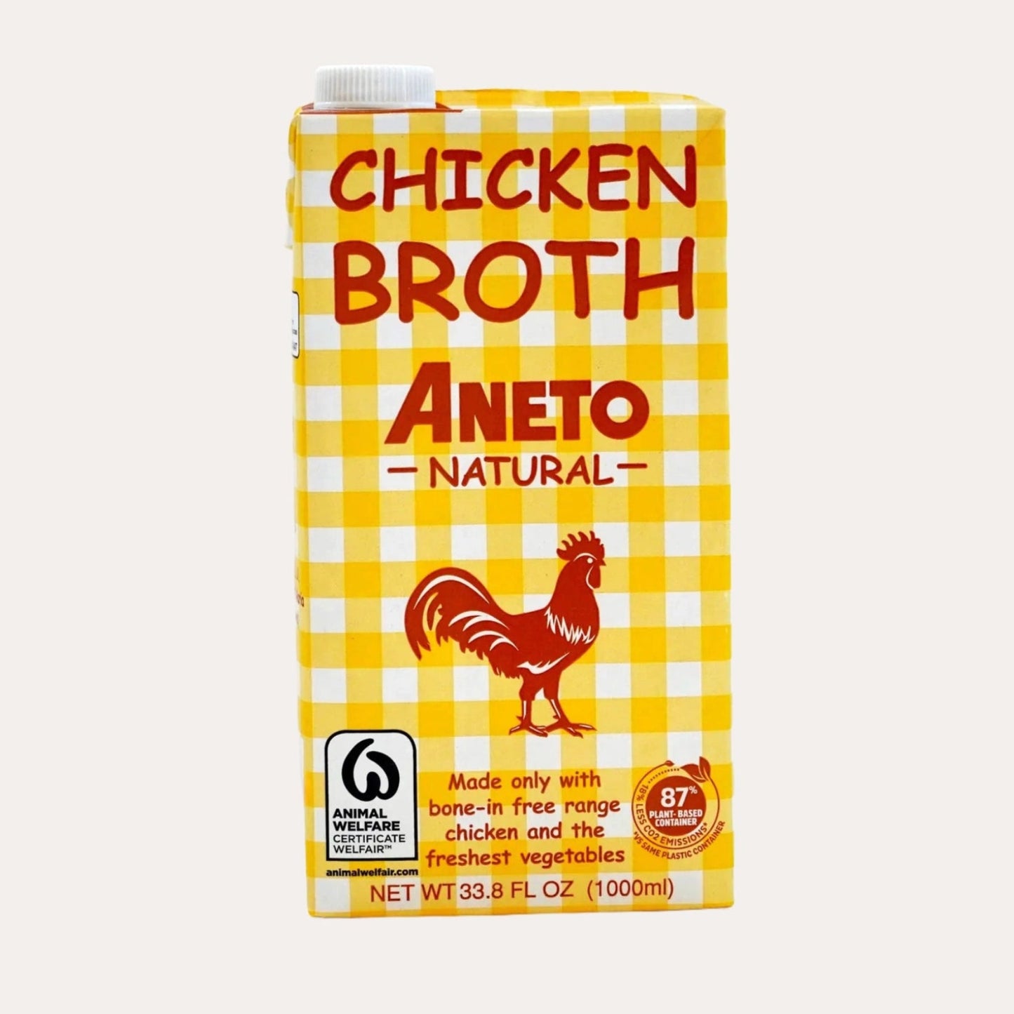 Carton of Aneto Chicken Broth on a white background