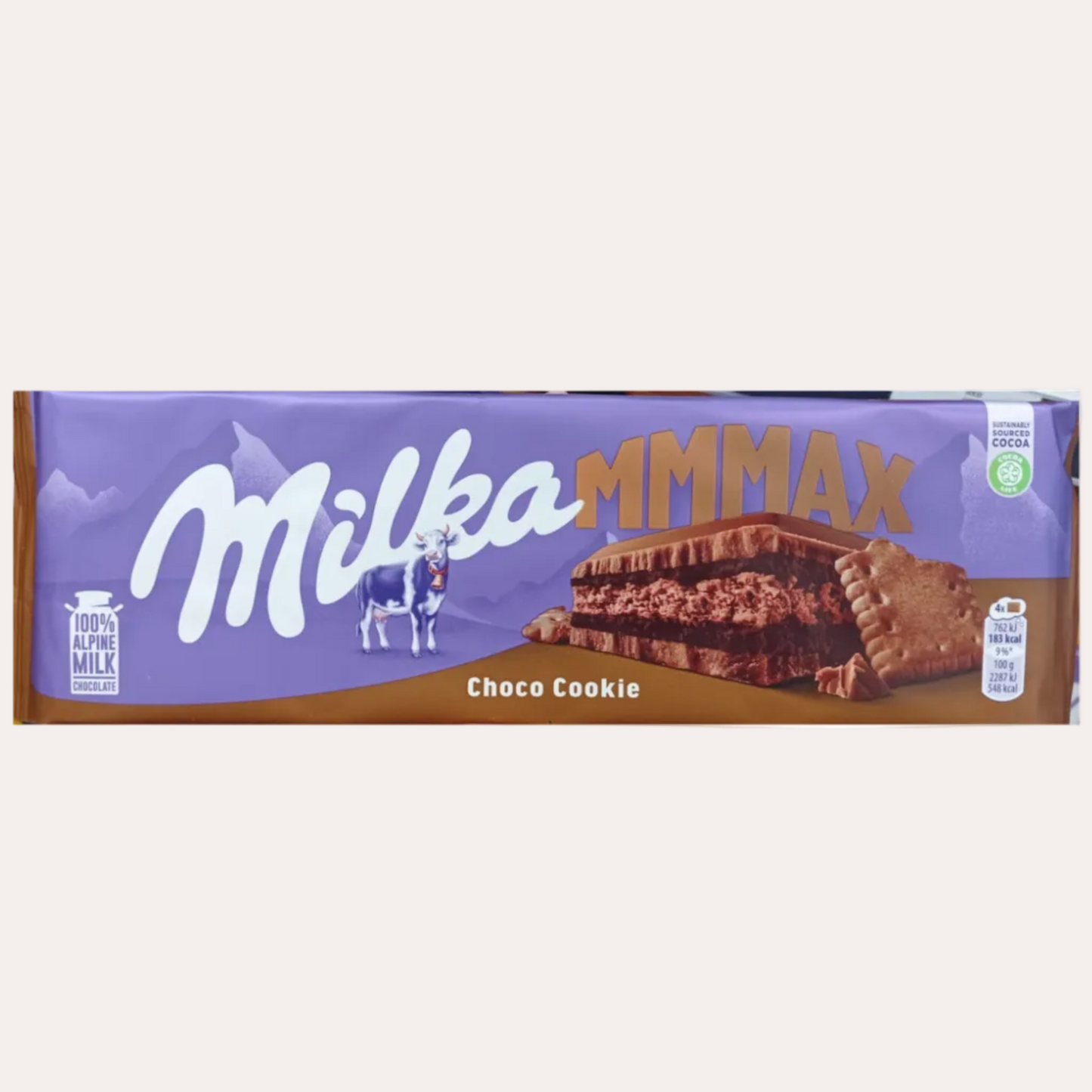 Milka MMAX Choco Cookie chocolate bar packaging on a gray background