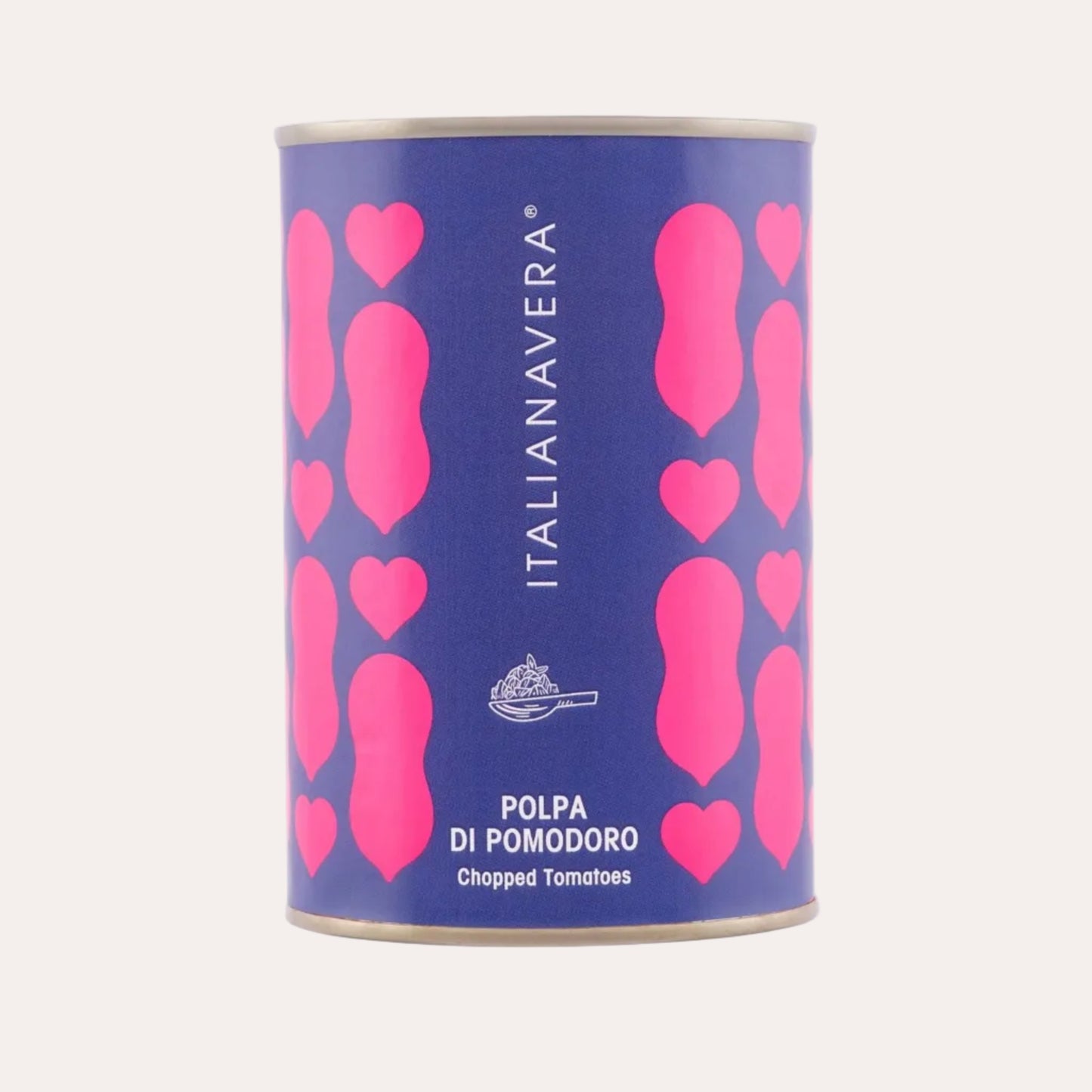Can of Italianava chopped tomatoes with pink heart patterns on a blue background