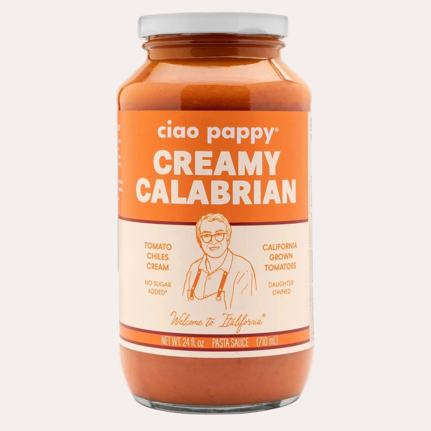 Jar of ciao pappy Creamy Calabrian pasta sauce on a white background