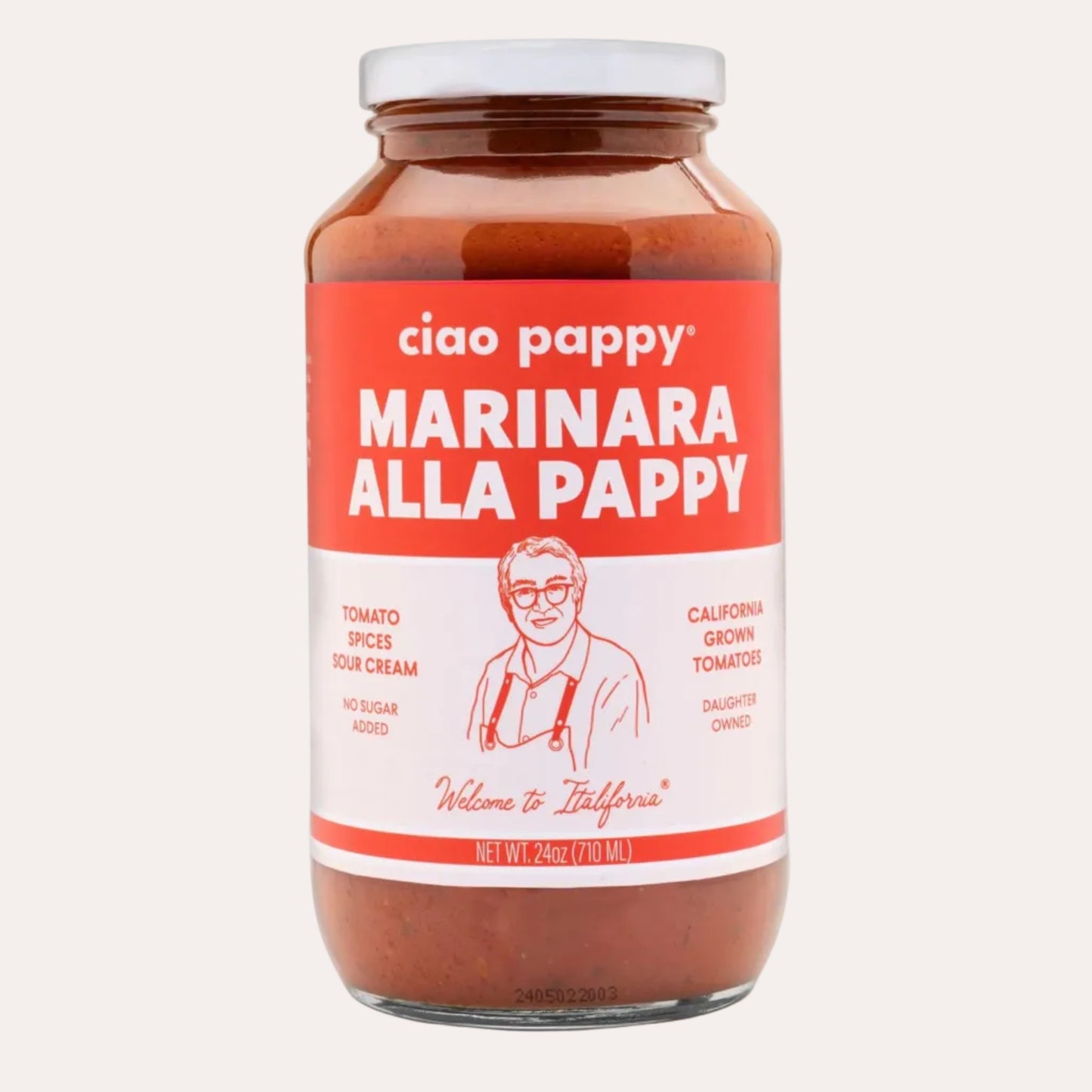 Jar of ciao pappy Marinara Alla Pappy sauce on a white background