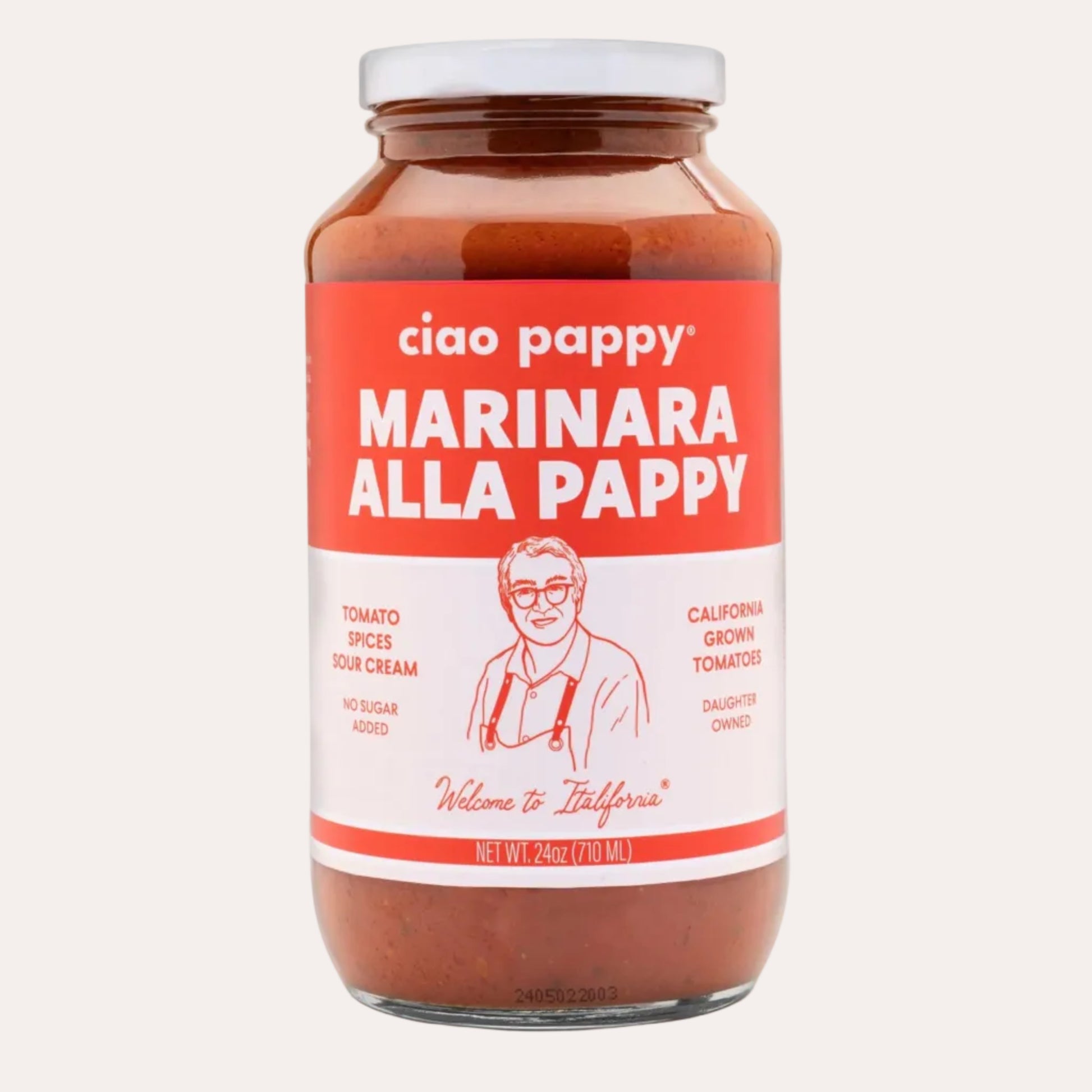 Jar of ciao pappy Marinara Alla Pappy sauce on a white background