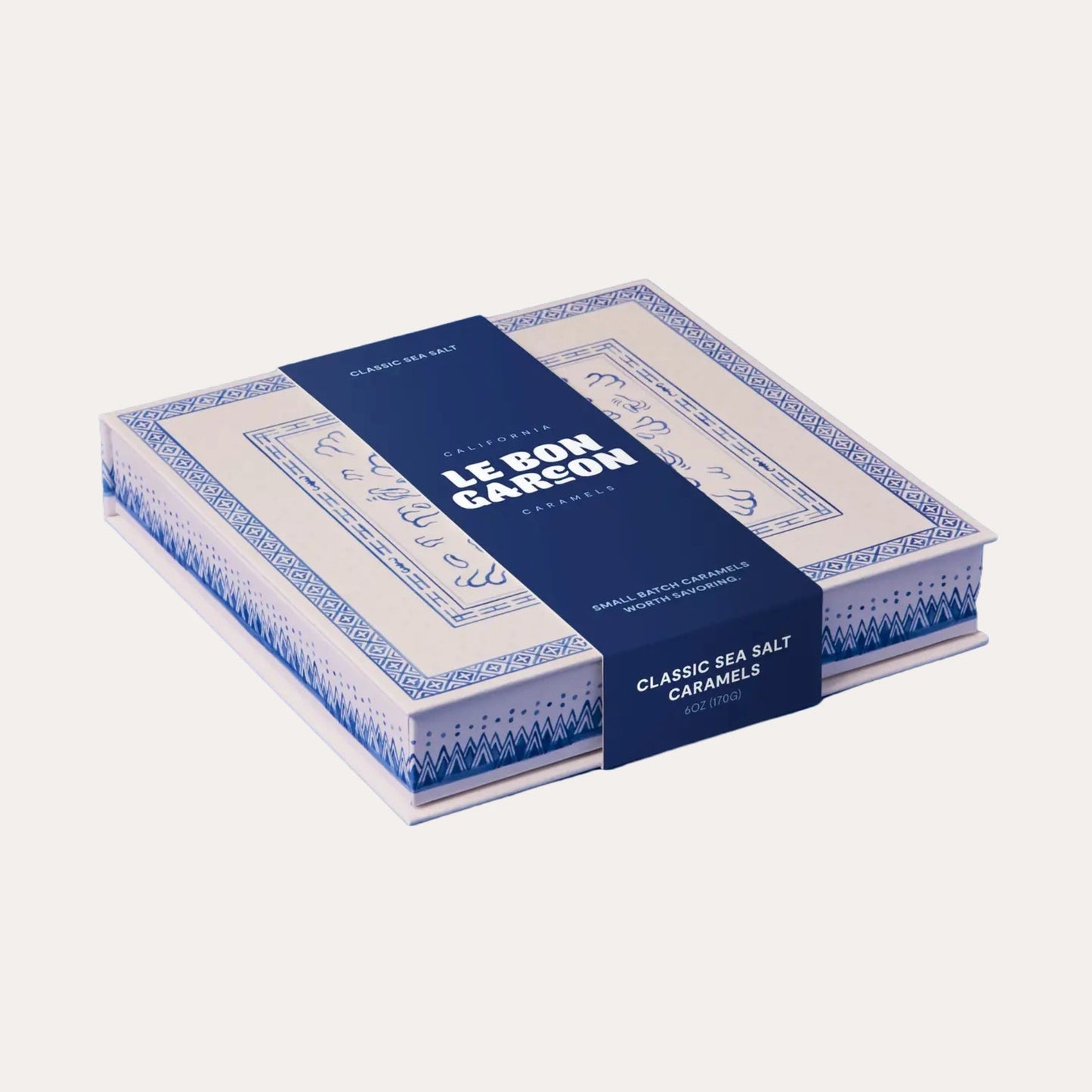 Box of Le Bon Caramel with blue and white design on a white background