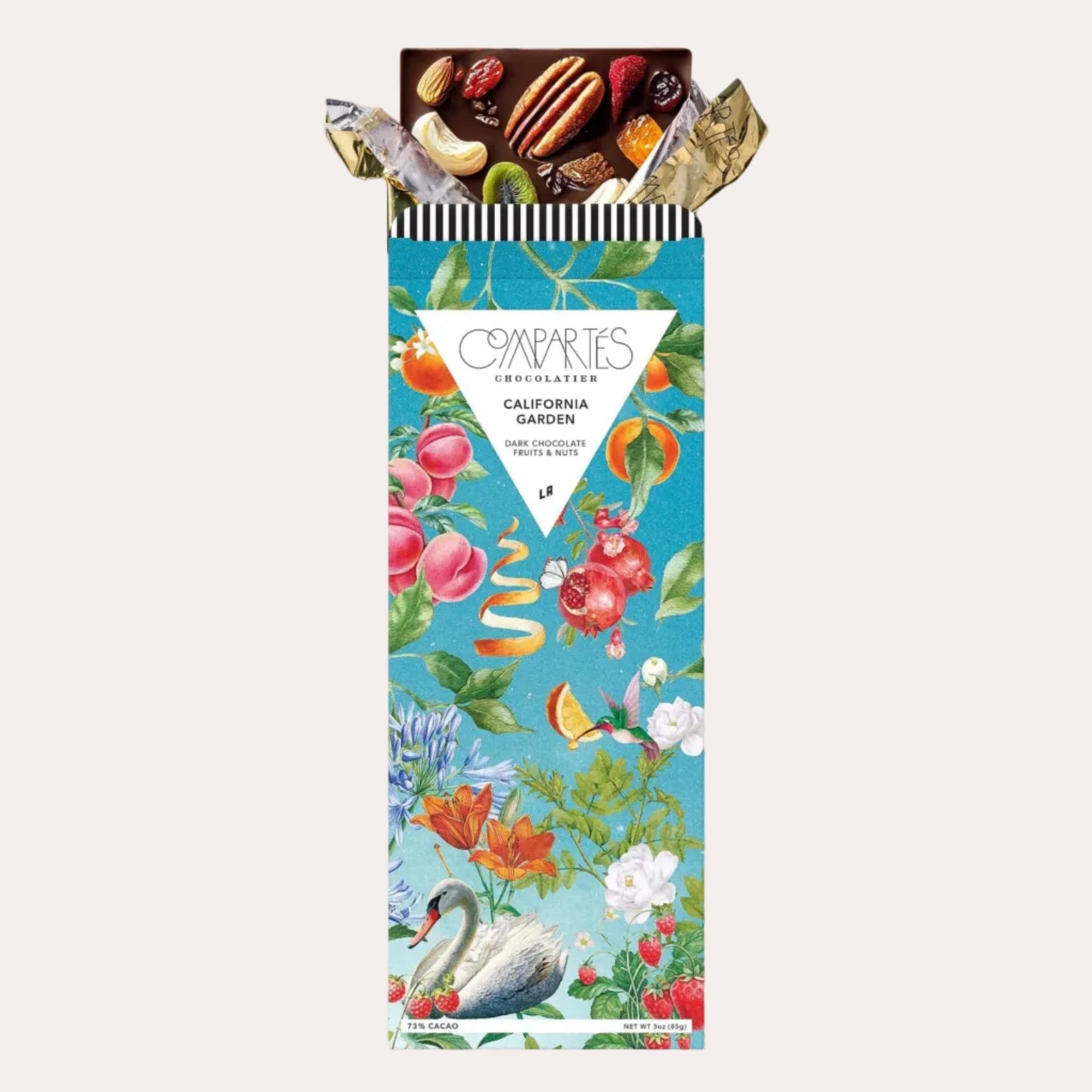 Chocolate bar with a colorful packaging featuring flowers and a swan on a white background