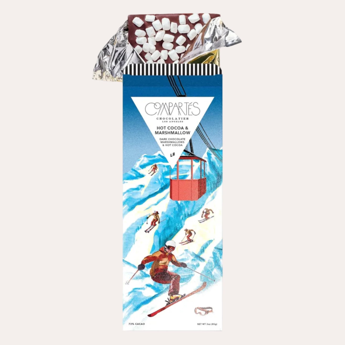 Hot chocolate and marshmallow package with skiing design on a white background