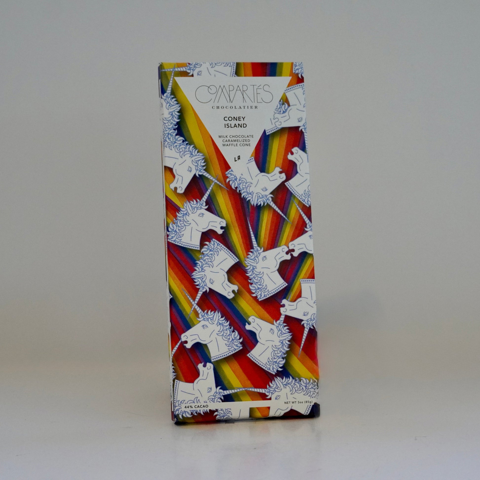 Box of Compartes Chocolate Bar with rainbow and unicorn design on a white background