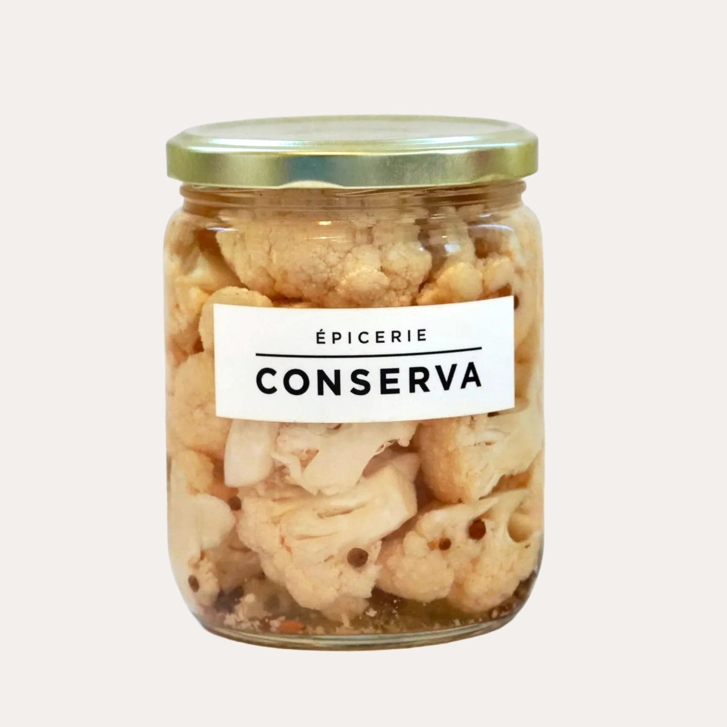Jar of snacks with a 'Conserva' label on a white background