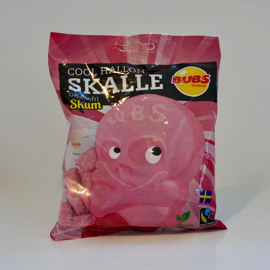 Pink candy package with cartoon character on a white background