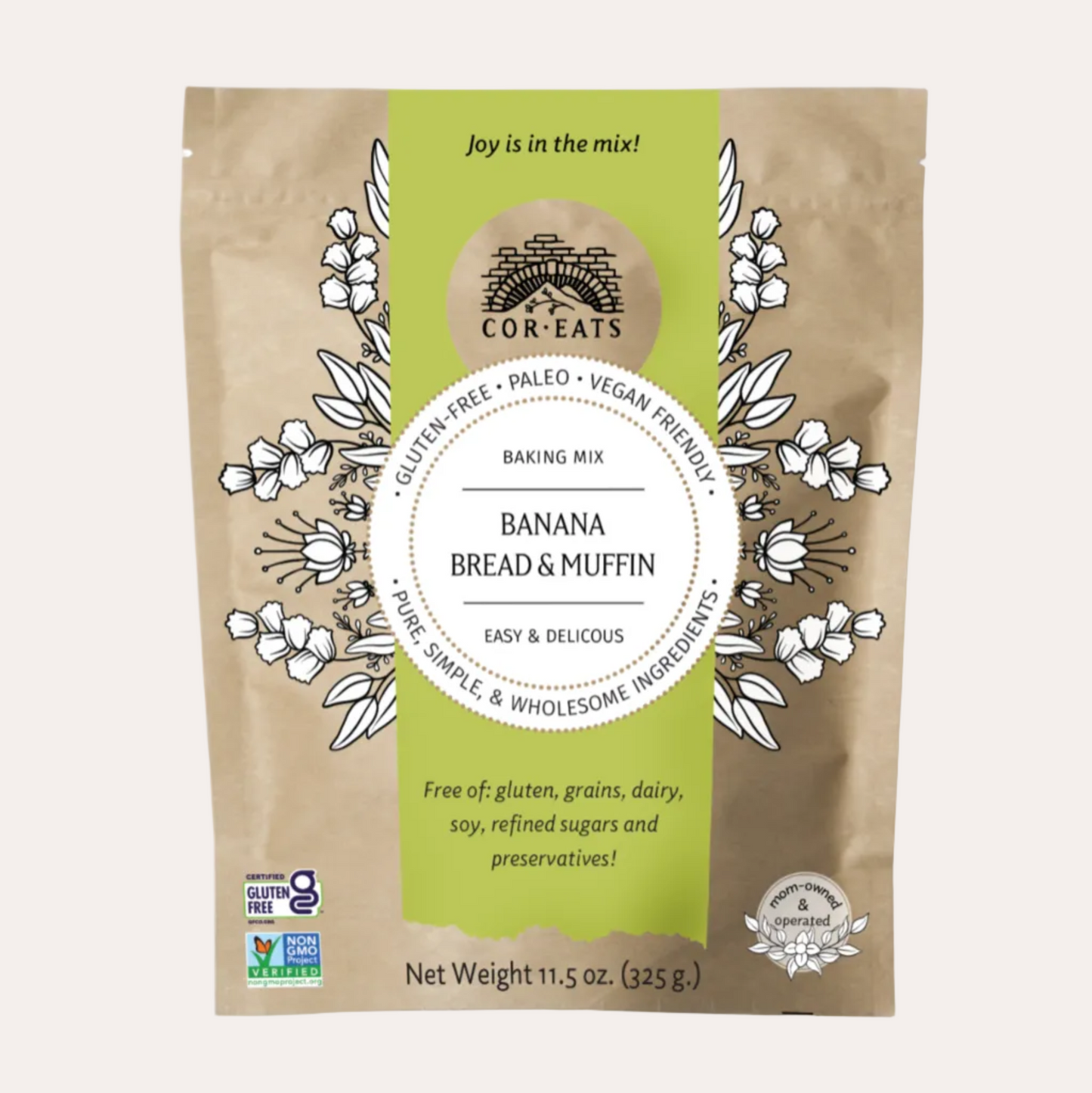 Package of Cor-Eats Banana Bread & Muffin baking mix on a white background