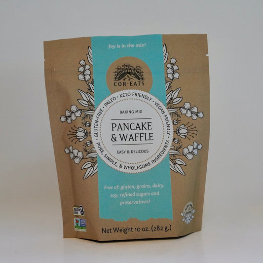 Bag of pancake & waffle mix from CorEats on a white background
