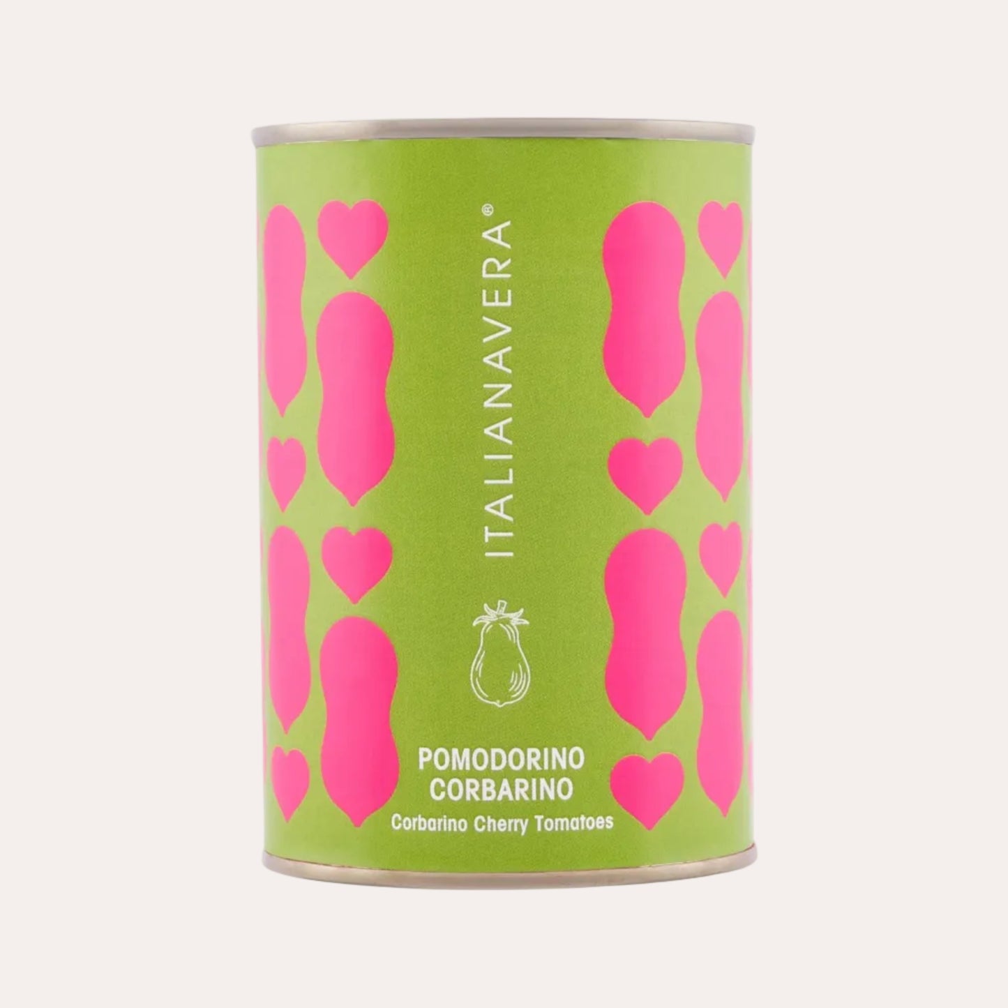 Green canister with pink tomato illustrations and 'Italiana Vera' branding on a white background