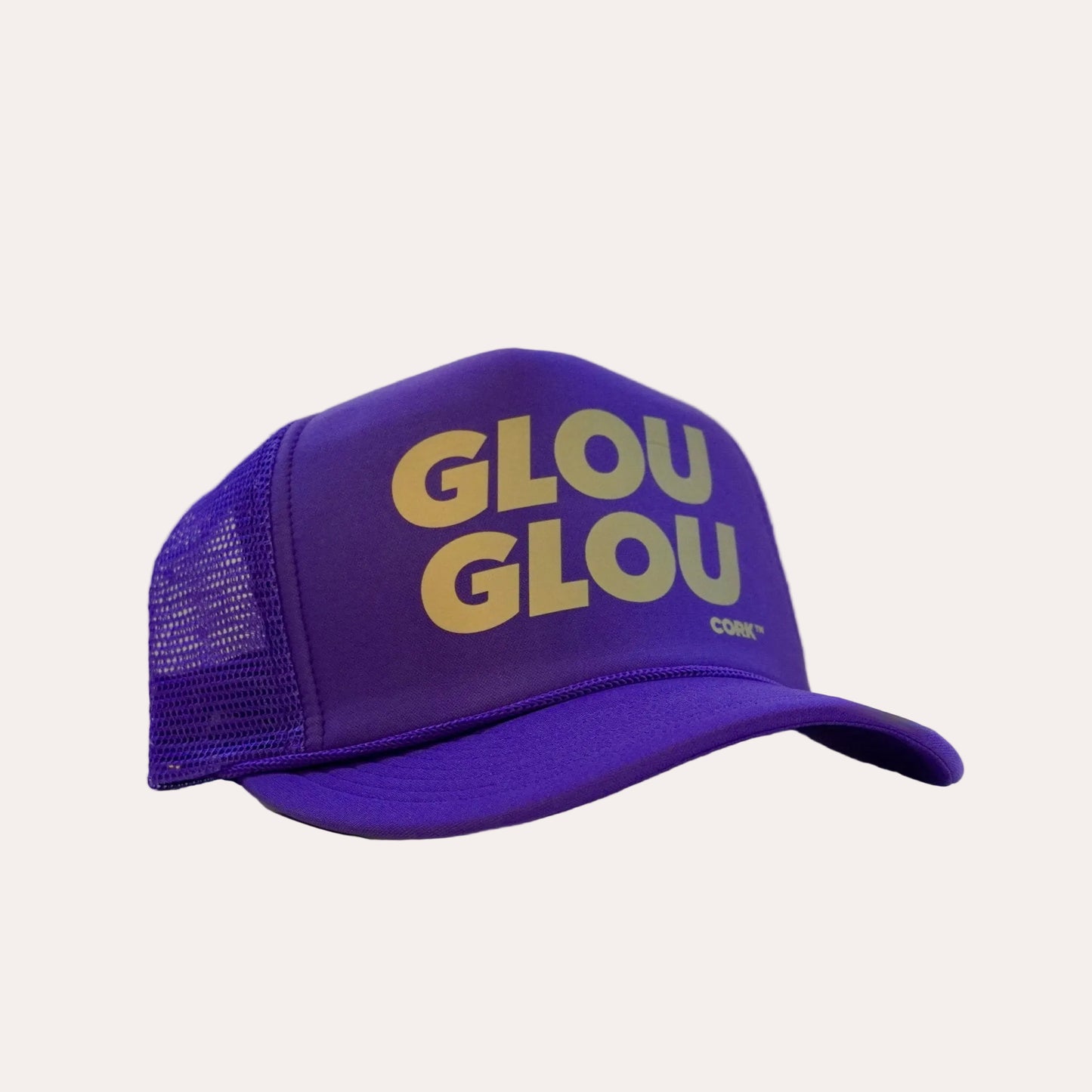 Purple cap with 'GLOUGLOU' text on a light background