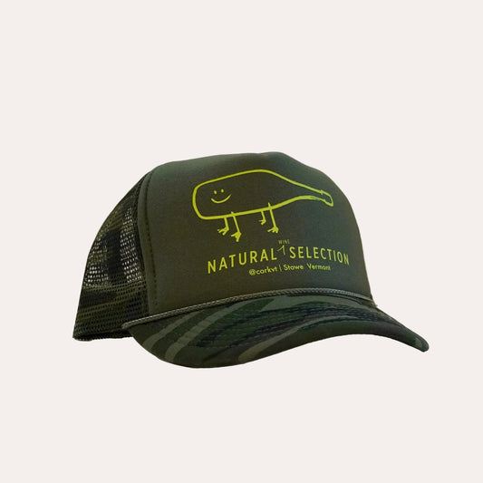 Green trucker cap with a logo and text on a white background