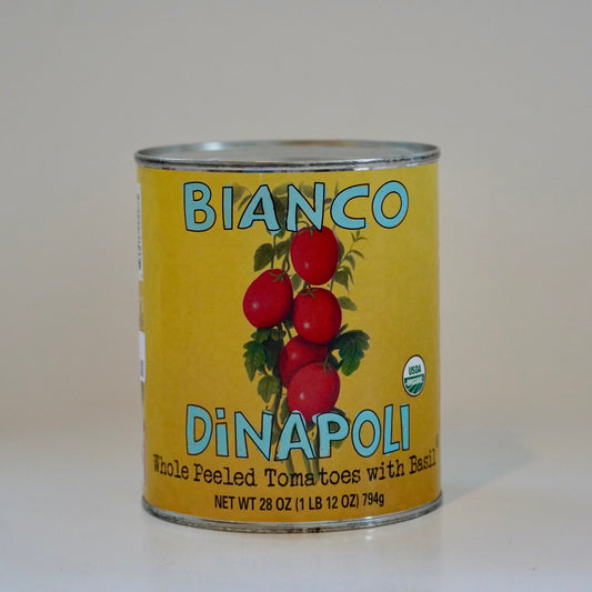 Can of Bianco DiNapoli tomatoes on a white background