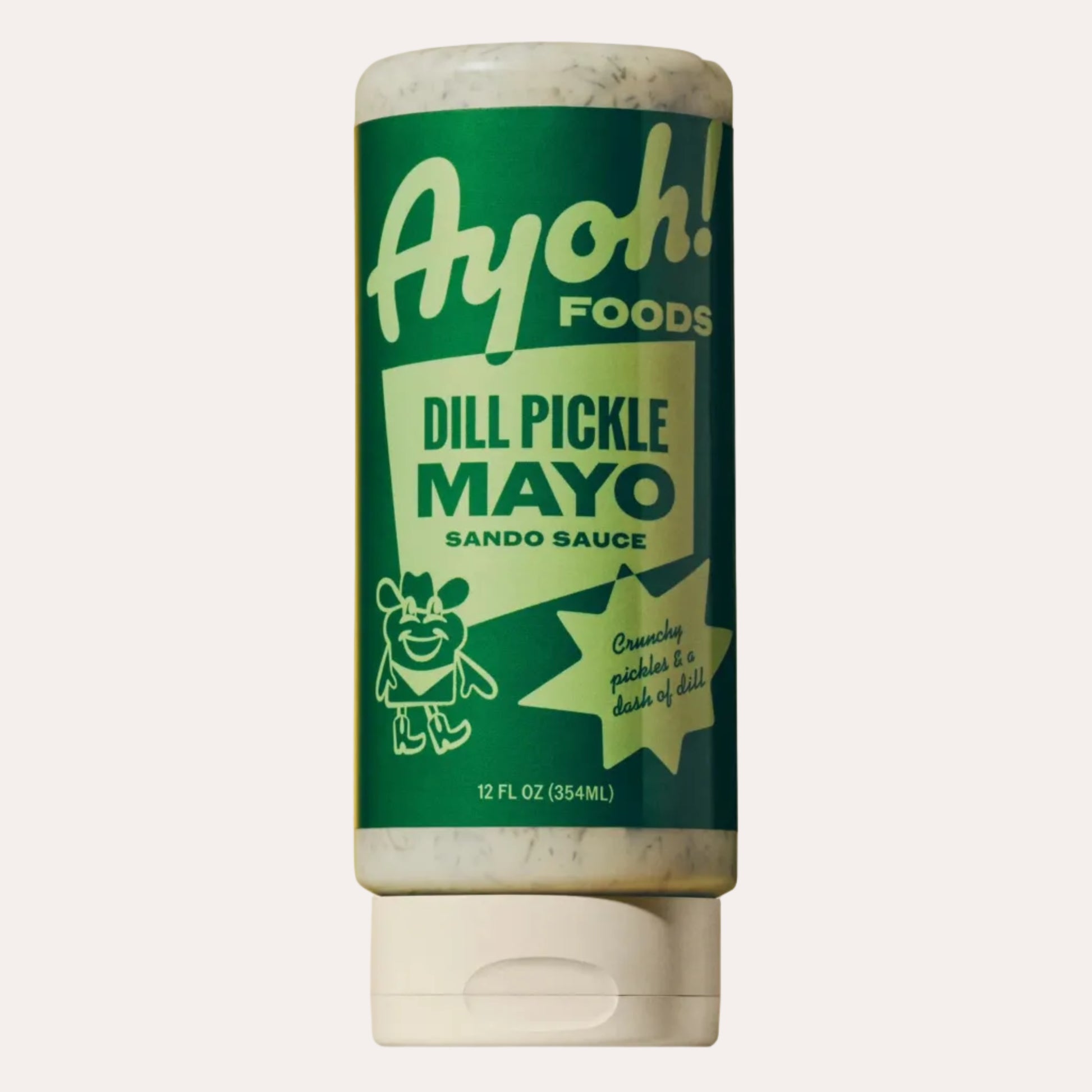 Ayoh! Dill Pickle Mayo bottle on a beige background