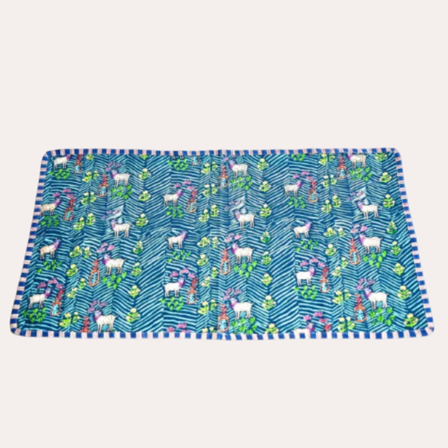Fabric with animal pattern on a blue and white checkered border