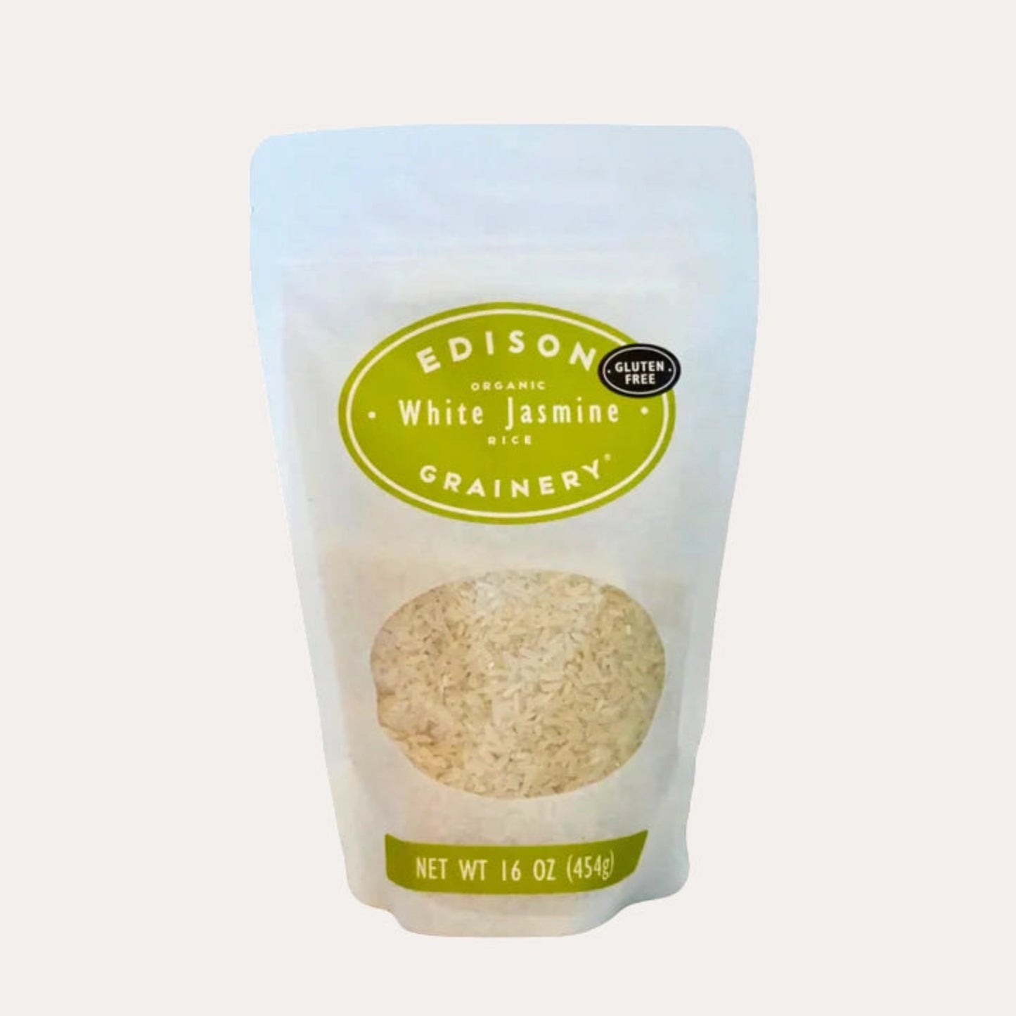 Edison Organic White Jasmine Rice package on a light gray background
