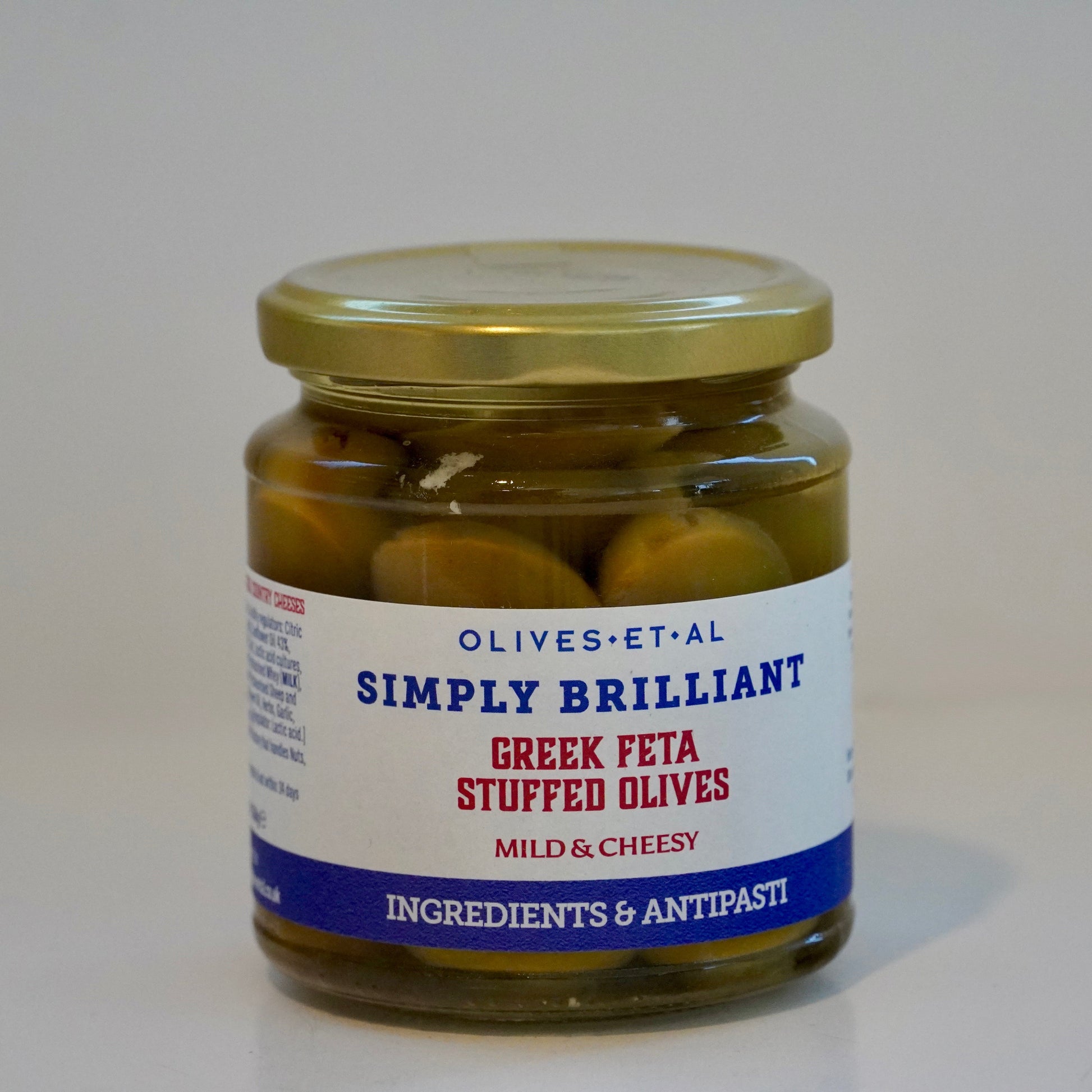 Jar of Greek Feta Stuffed Olives with a label on a white background