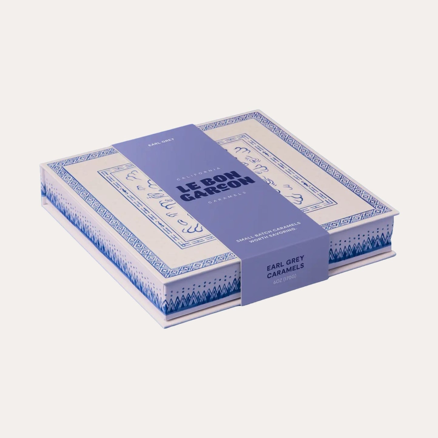 Box of Le Bon Carreé earl grey caramels on a white background